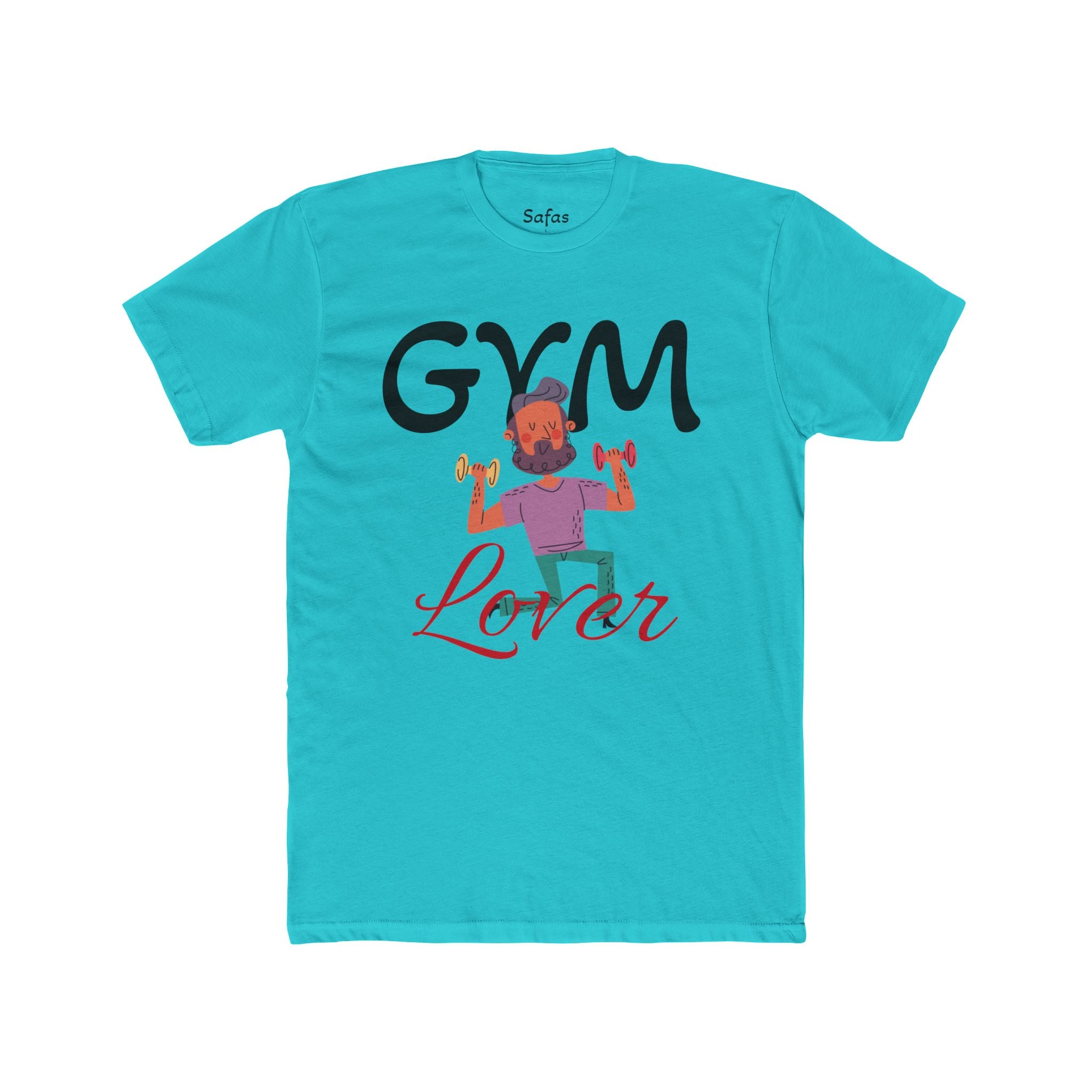 Solid Tahiti Blue t-shirt with 'Gym Lover' graphic design on a white background