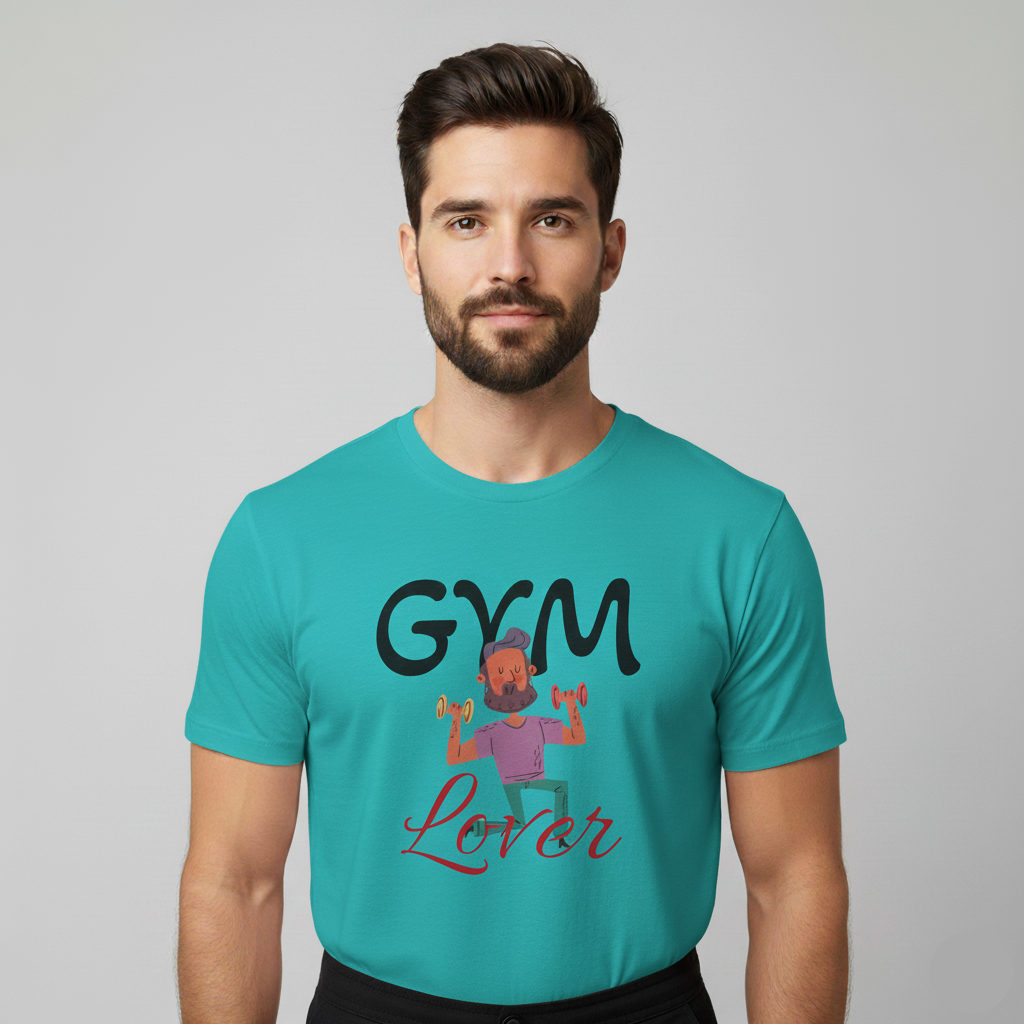 Man wearing a Solid Tahiti Blue t-shirt with 'Gym Lover' graphic design on a gray background