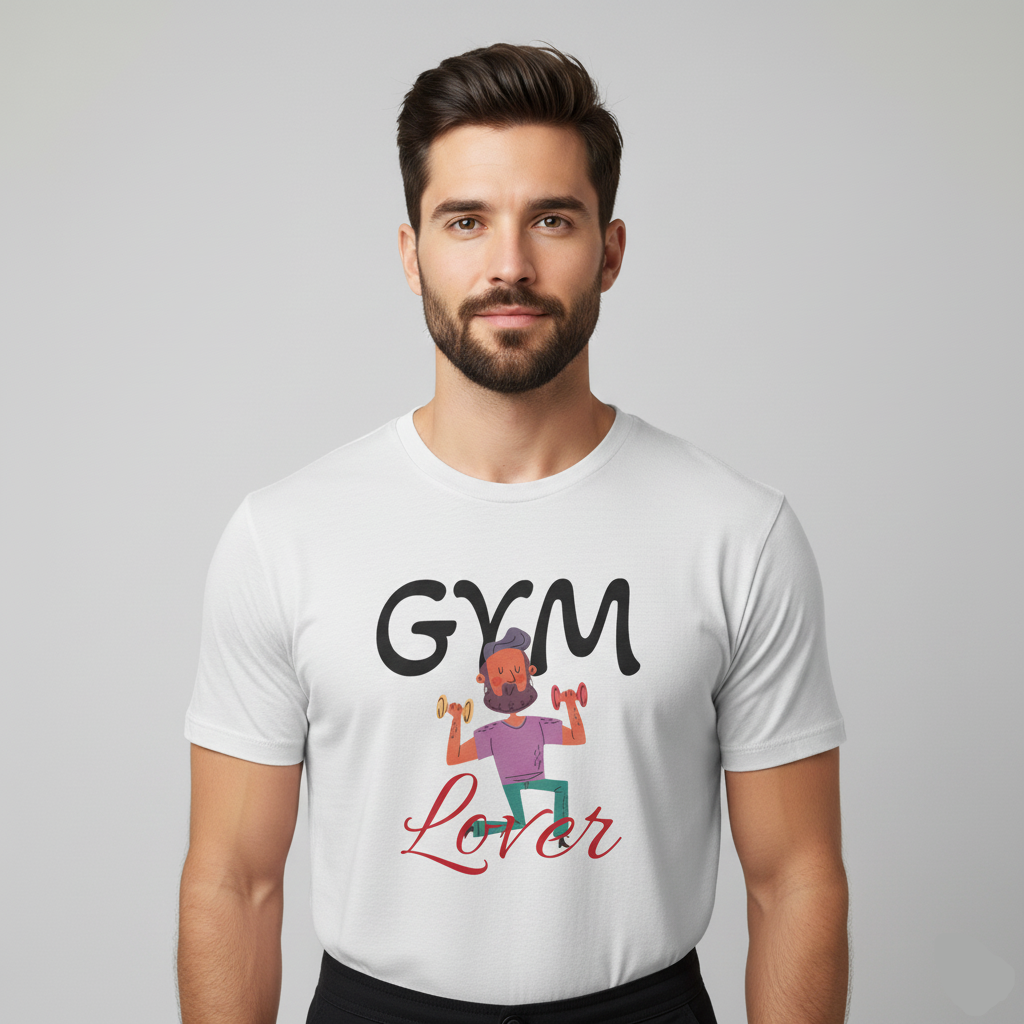 Man wearing a Solid white t-shirt with 'Gym Lover' graphic design on a gray background