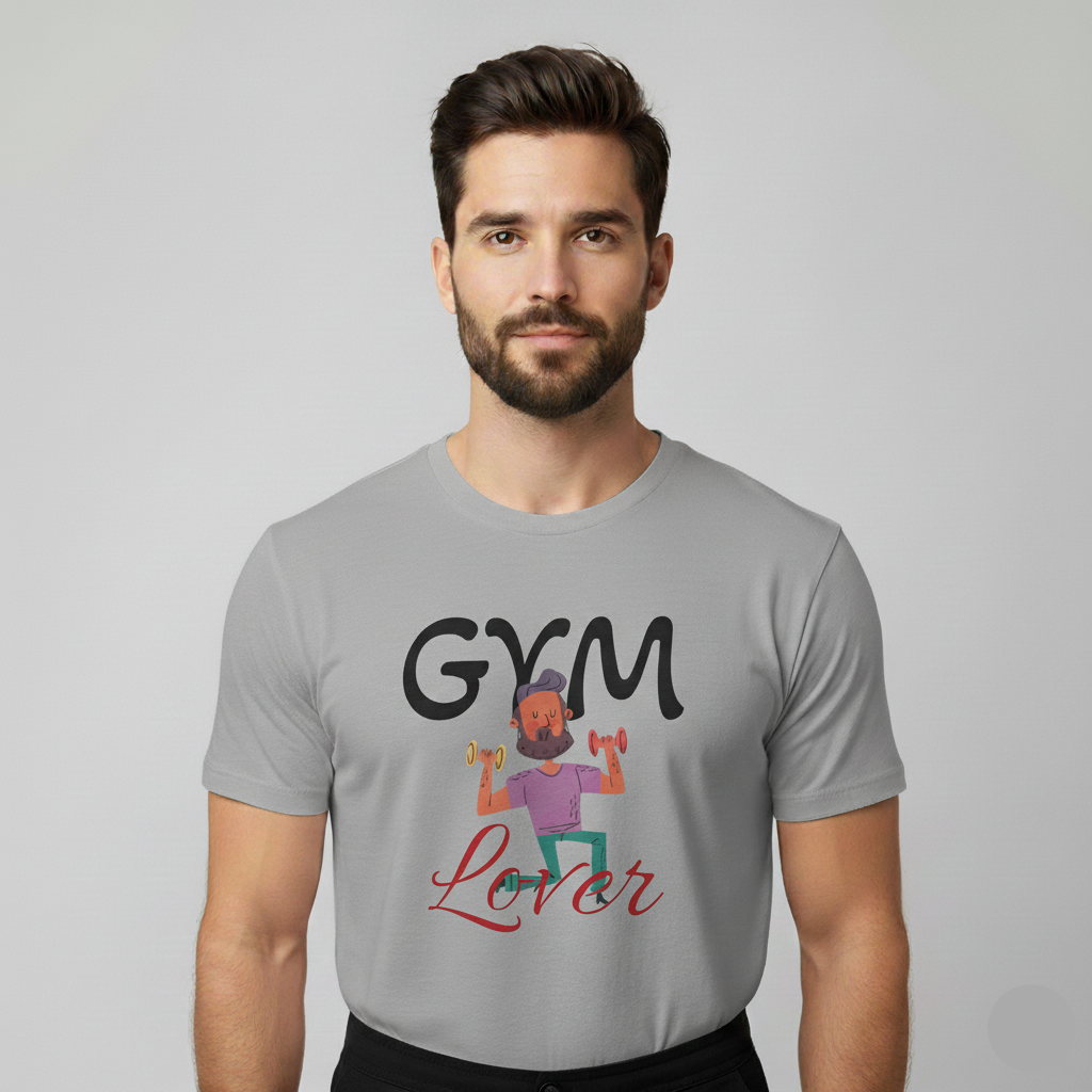 Man wearing a Solid Light gray t-shirt with 'Gym Lover' graphic design on a plain background