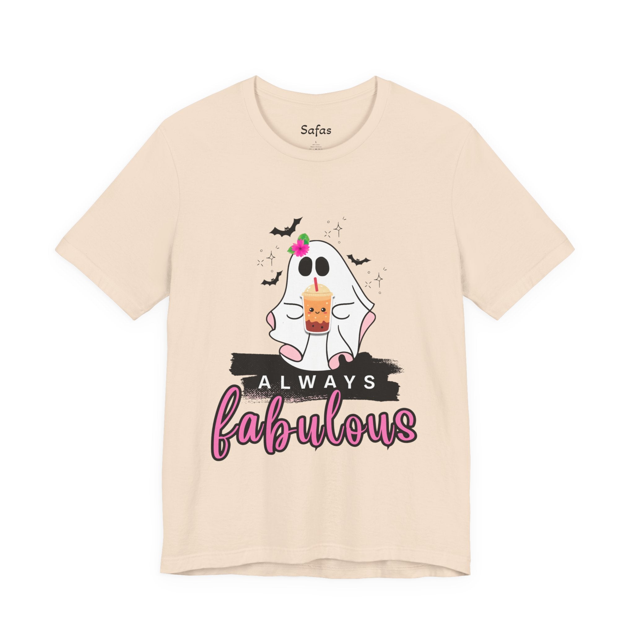 Beige t-shirt with a ghost graphic and 'Always Fabulous' text on a white background