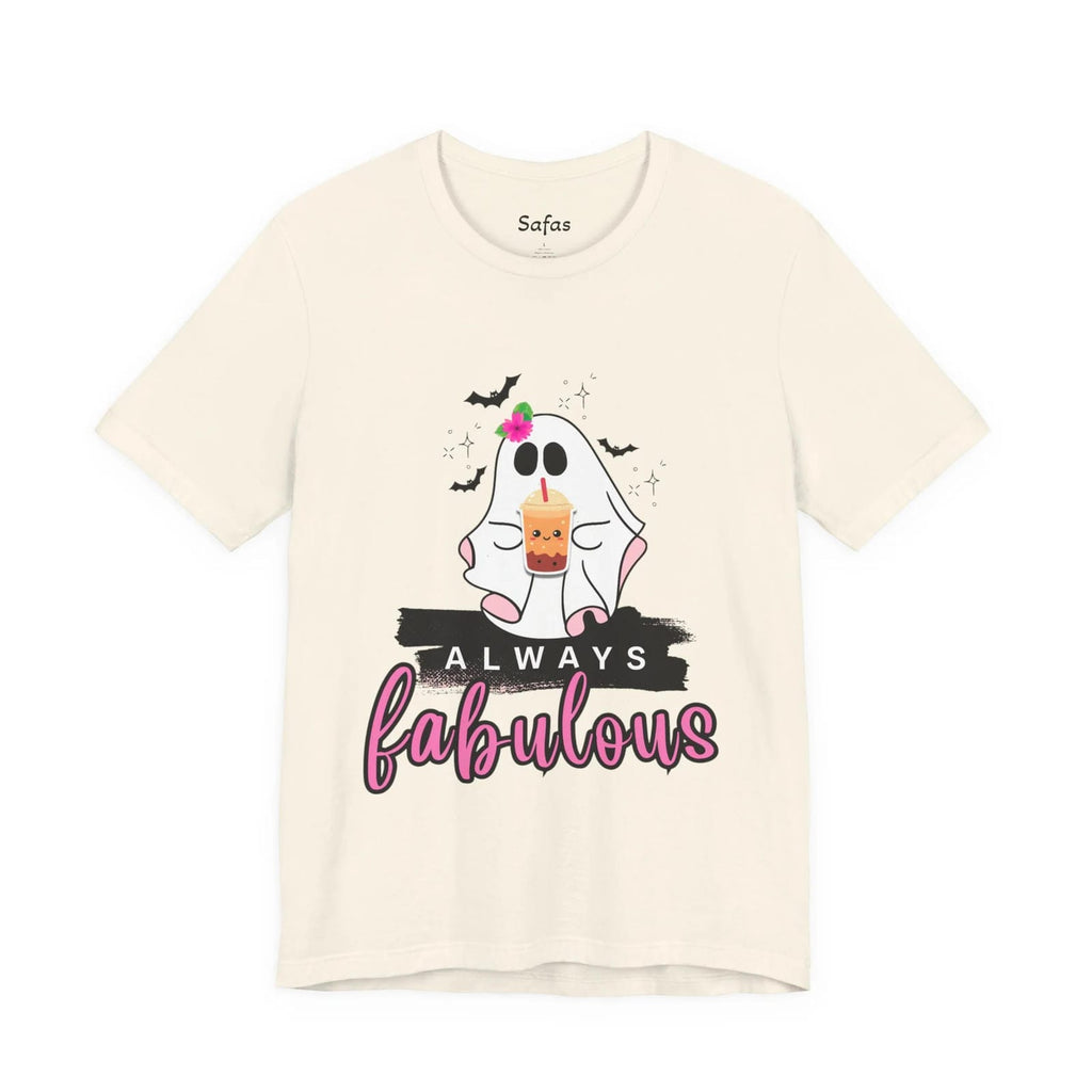 Beige t-shirt with a ghost graphic and 'Always Fabulous' text on a white background