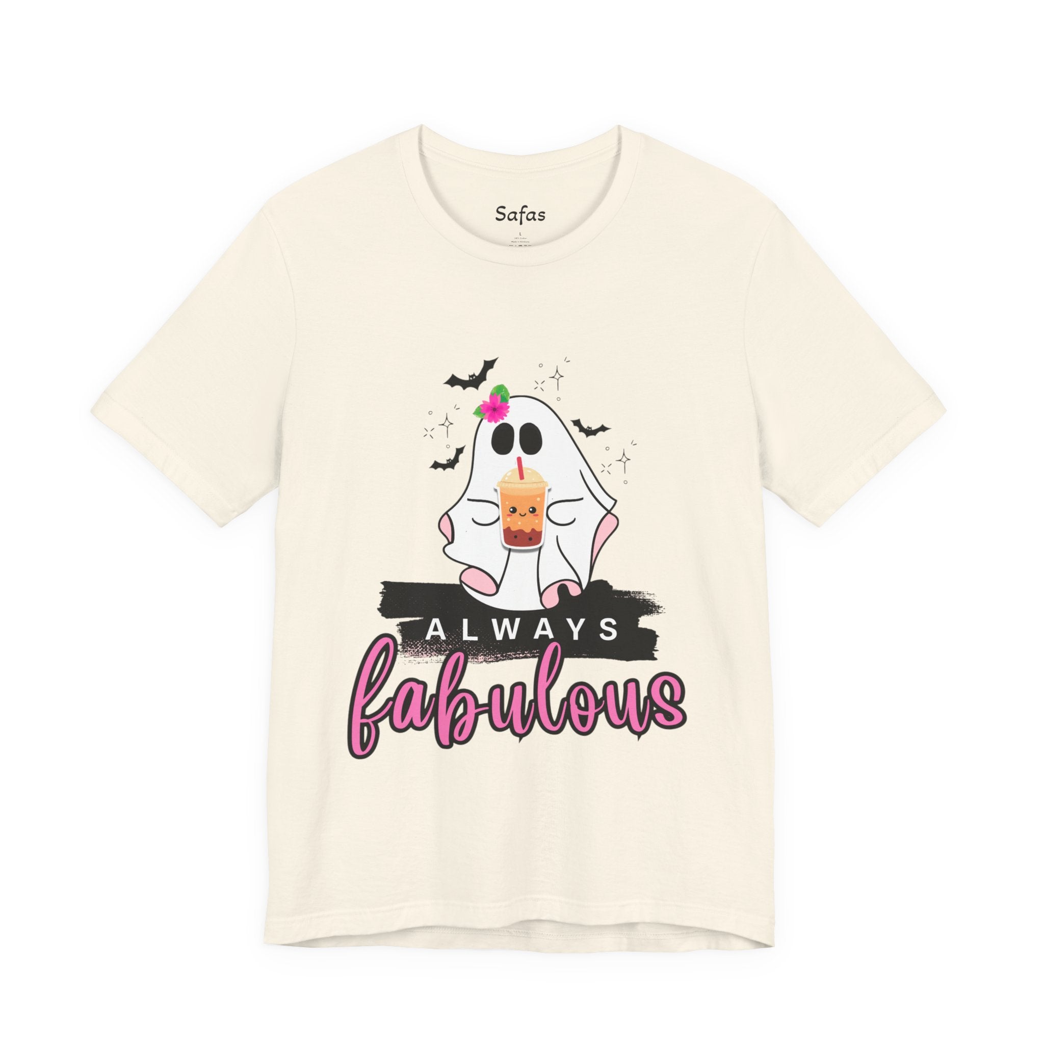 Beige t-shirt with a ghost graphic and 'Always Fabulous' text on a white background
