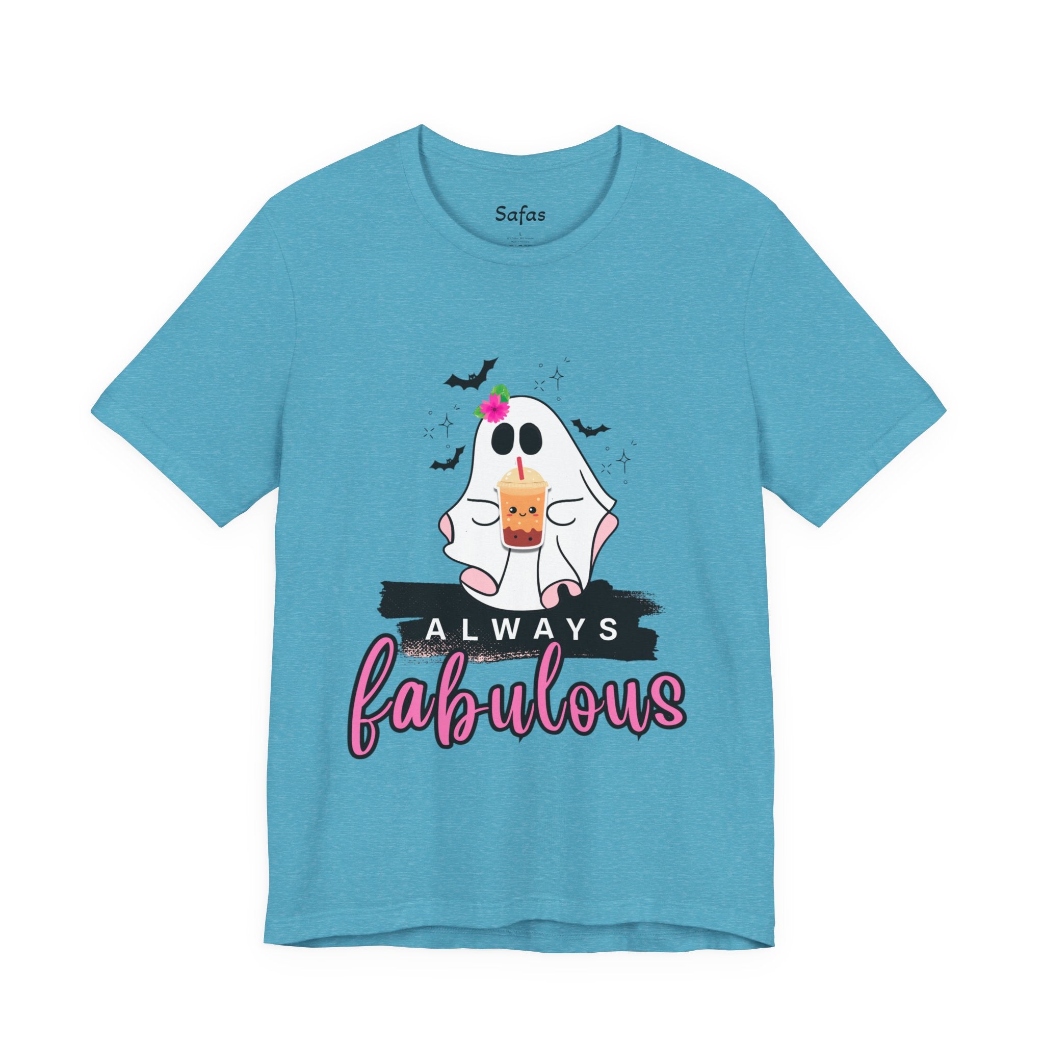 Blue t-shirt with a ghost graphic and 'Always fabulous' text on a white background