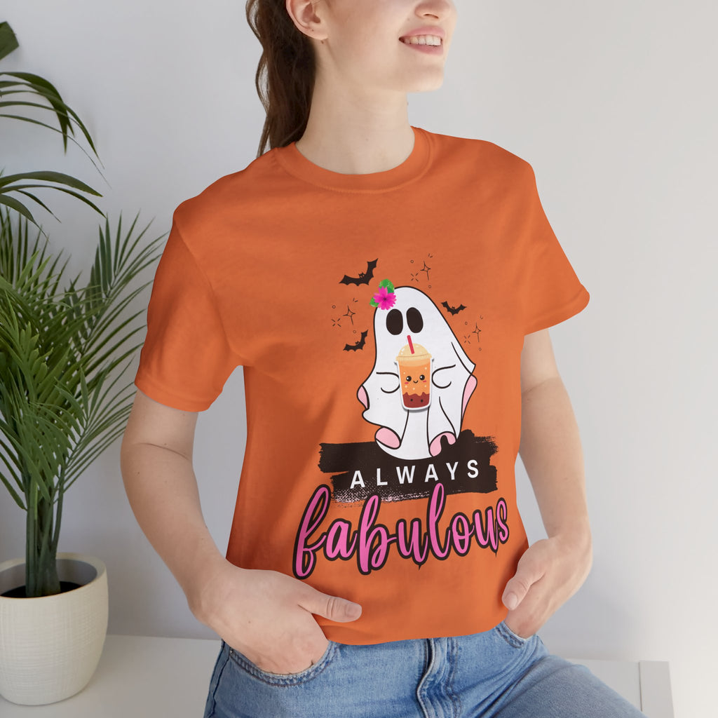 Burnt Orange t-shirt with a ghost graphic and 'Always Fabulous' text on a white background