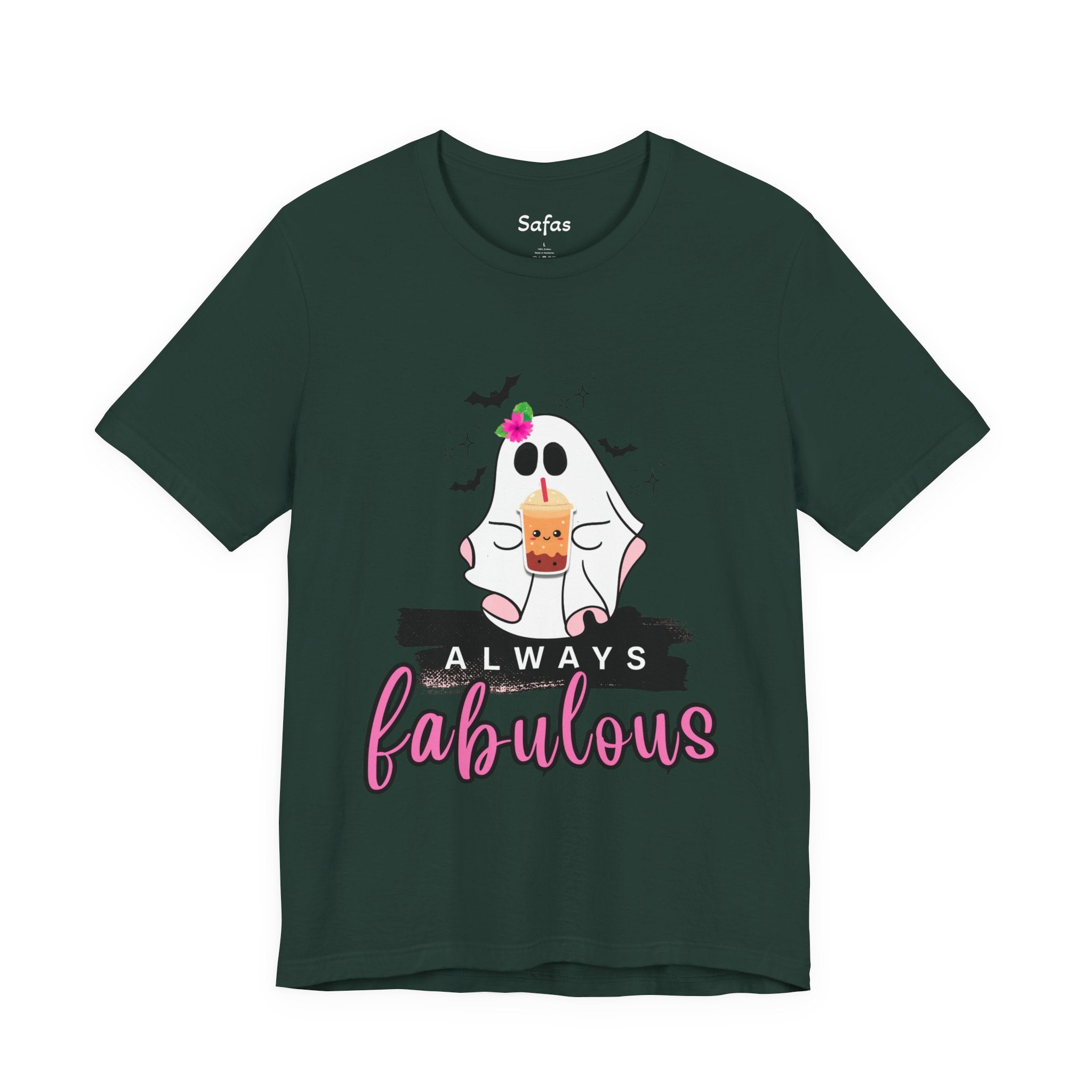 Dark green t-shirt with a ghost graphic and 'Always fabulous' text on a white background