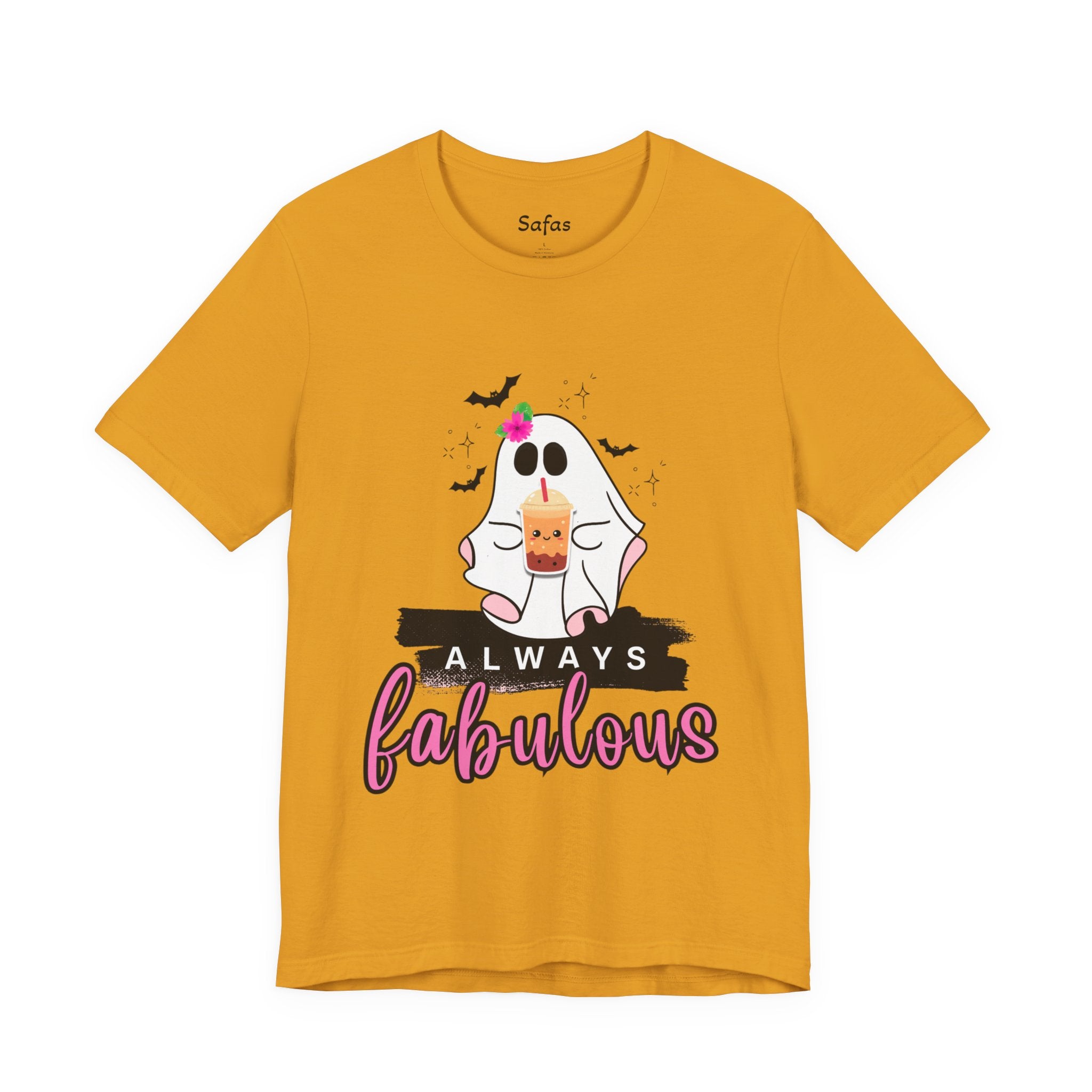 Gold t-shirt with a ghost graphic and 'Always Fabulous' text on a white background