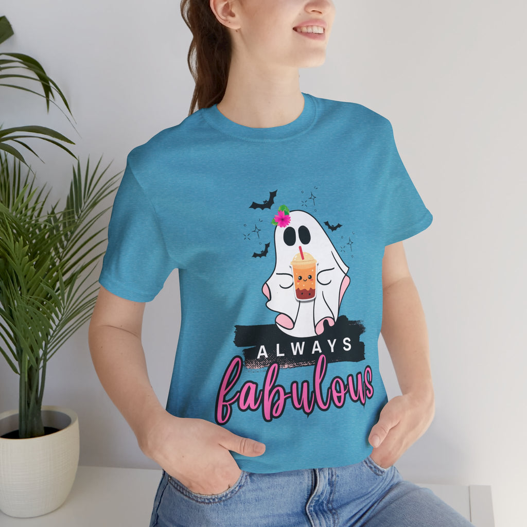 Heather Aqua t-shirt with a ghost graphic and 'Always Fabulous' text on a white background