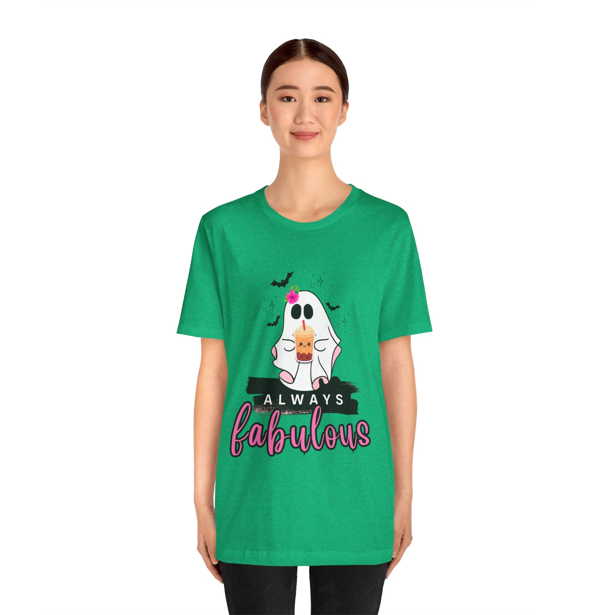 Heather kelly t-shirt with a ghost graphic and 'Always Fabulous' text on a white background