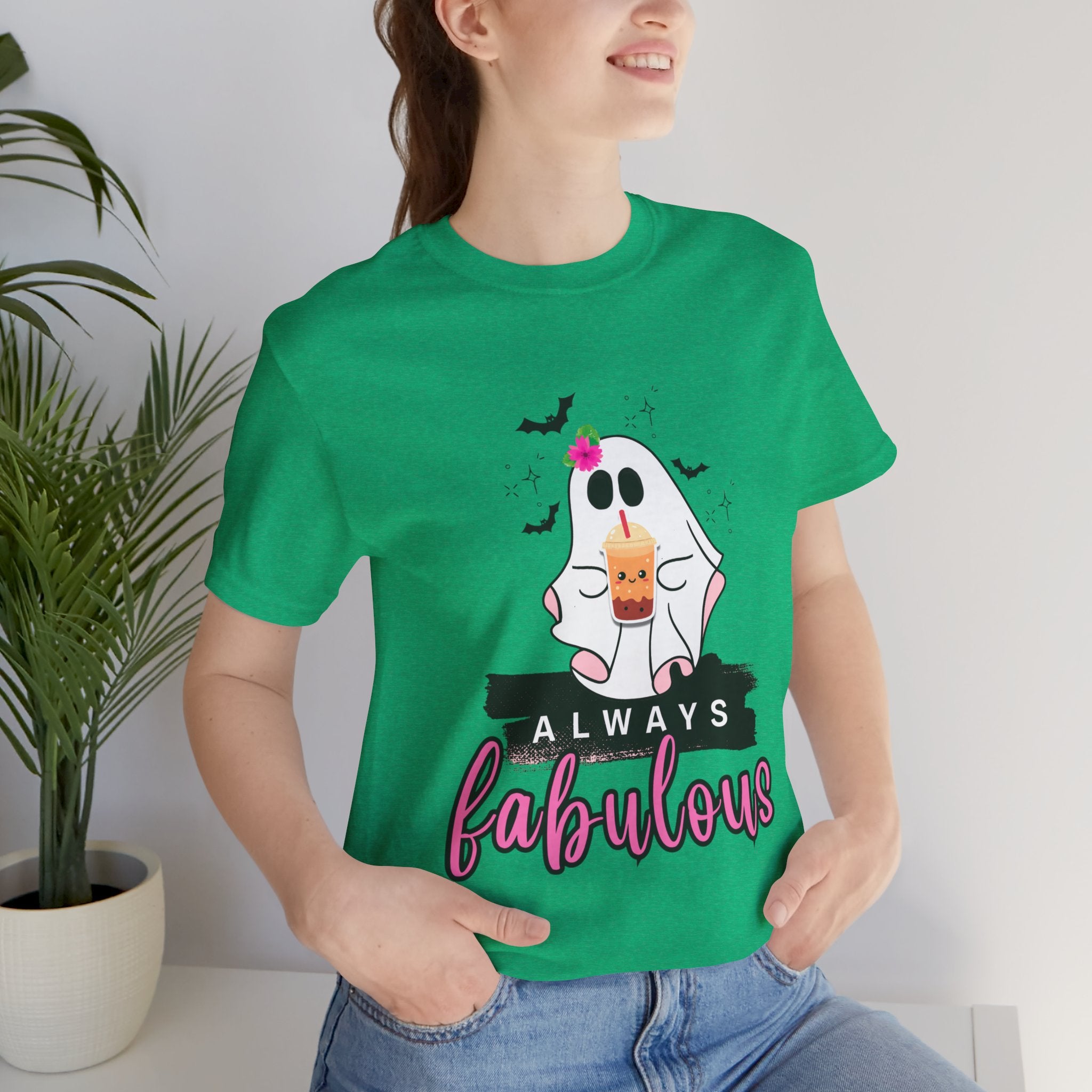 Heather Kelly t-shirt with a ghost graphic and 'Always Fabulous' text on a white background
