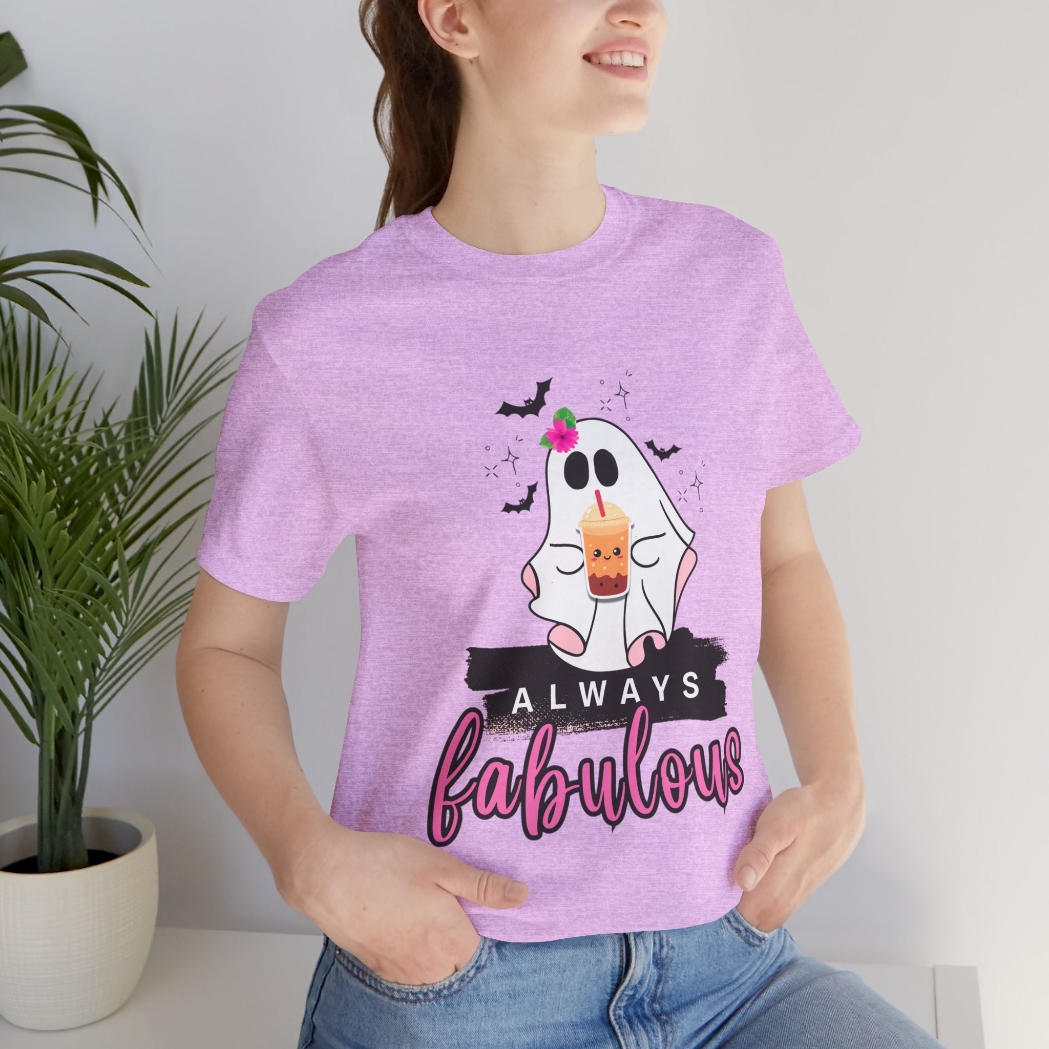 Person wearing a prism lilac t-shirt with a ghost graphic and 'Always Fabulous' text.