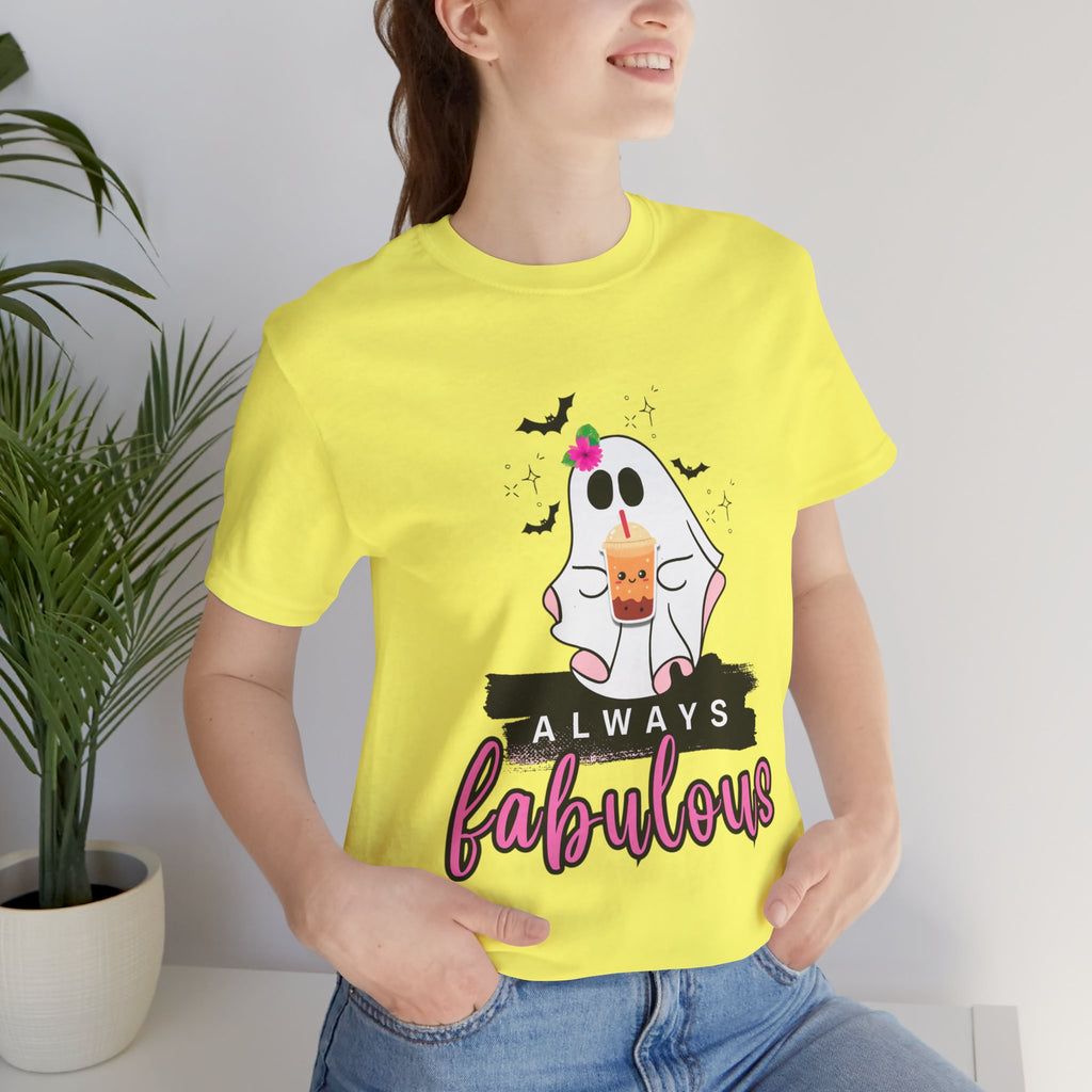 Yellow t-shirt with a ghost graphic and 'Always Fabulous' text on a white background
