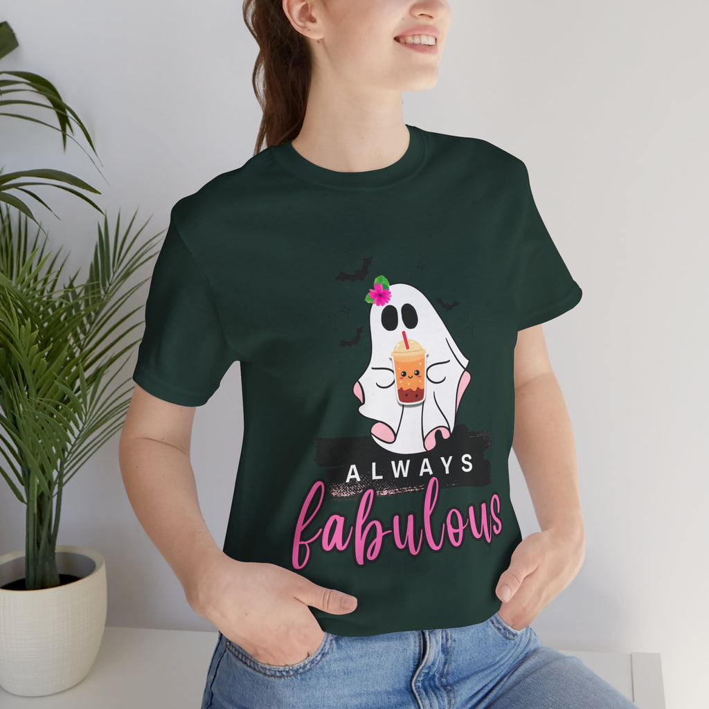 Person wearing a forest t-shirt with a ghost graphic and 'Always Fabulous' text.