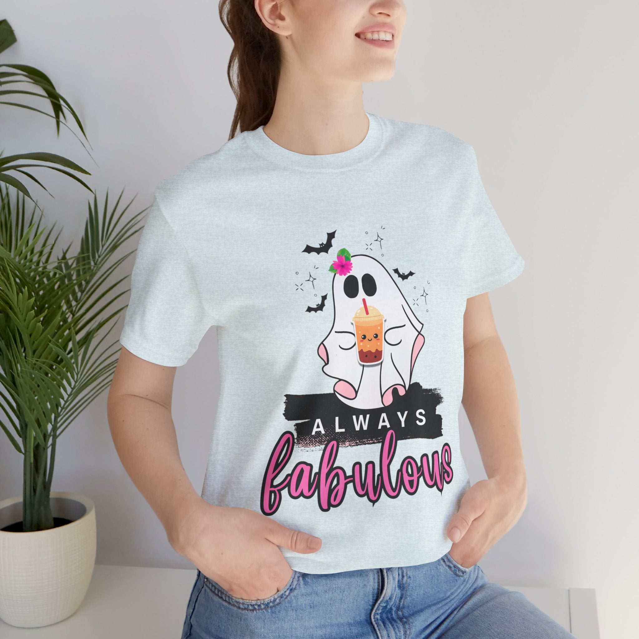 Heather ice blue t-shirt with a ghost graphic and 'Always Fabulous' text on a white background