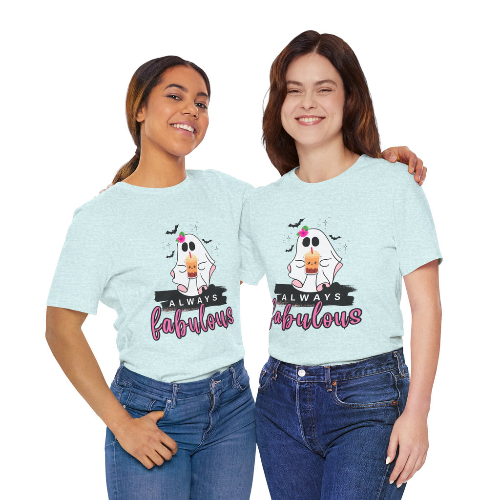 PRISM ICE BLUE t-shirt with a ghost graphic and 'Always Fabulous' text on a white background