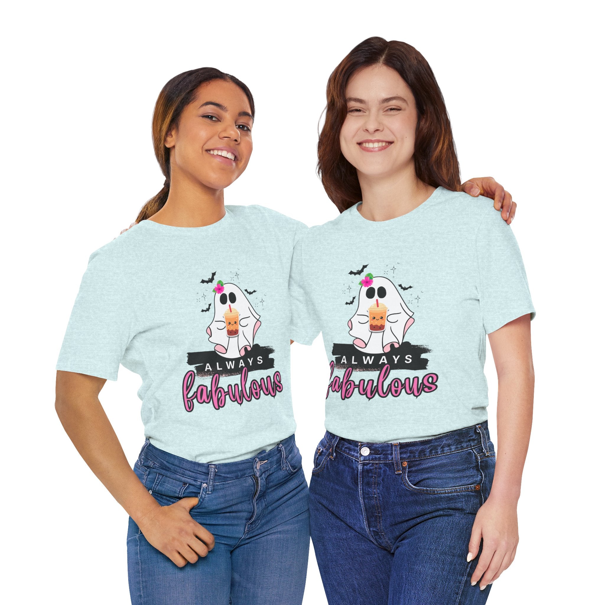 PRISM ICE BLUE t-shirt with a ghost graphic and 'Always Fabulous' text on a white background