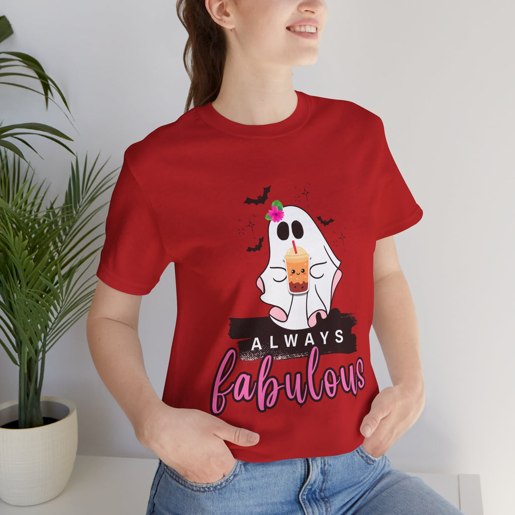 Person wearing a red t-shirt with a ghost graphic and 'Always fabulous' text, standing indoors.