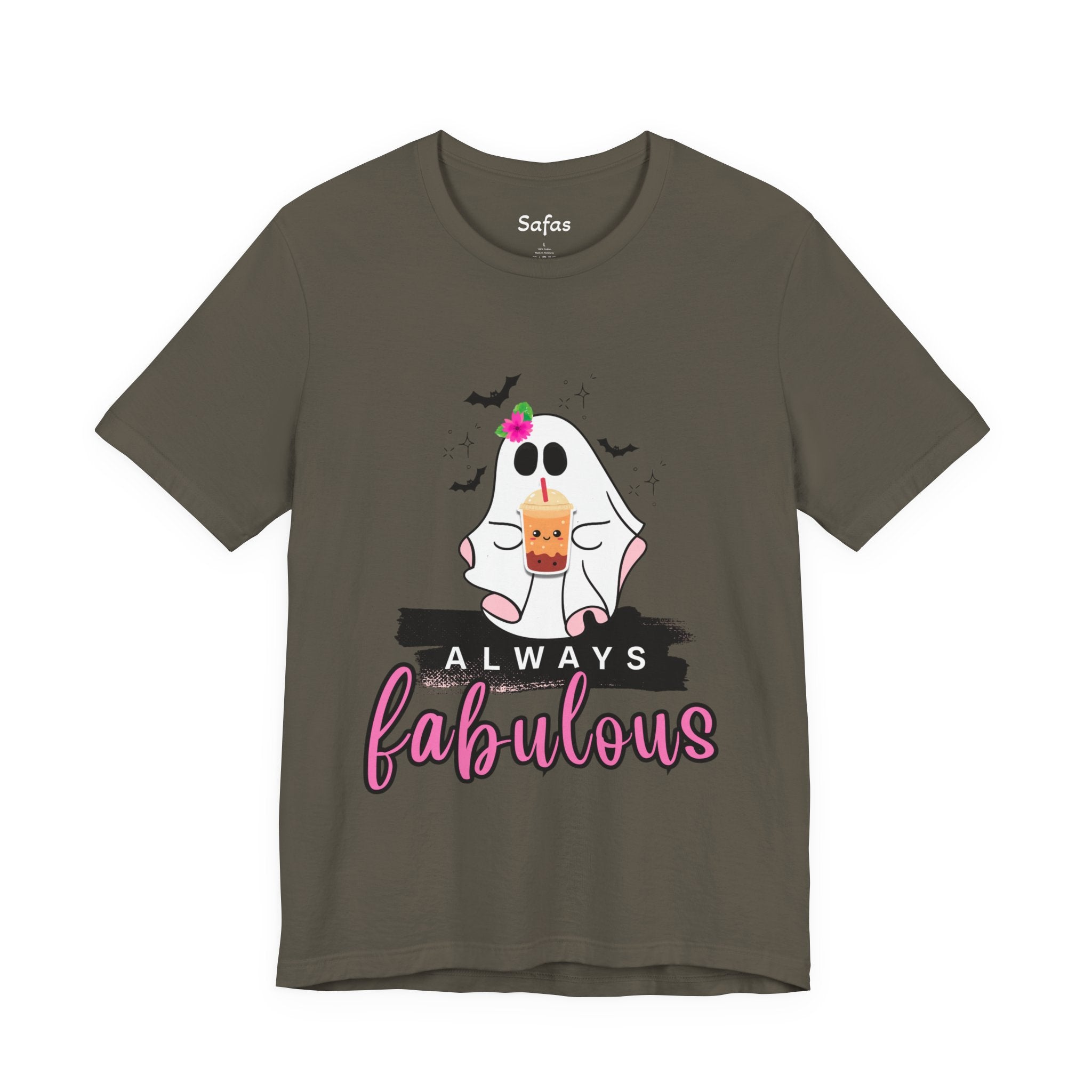 Gray t-shirt with a ghost graphic and 'Always Fabulous' text on a white background
