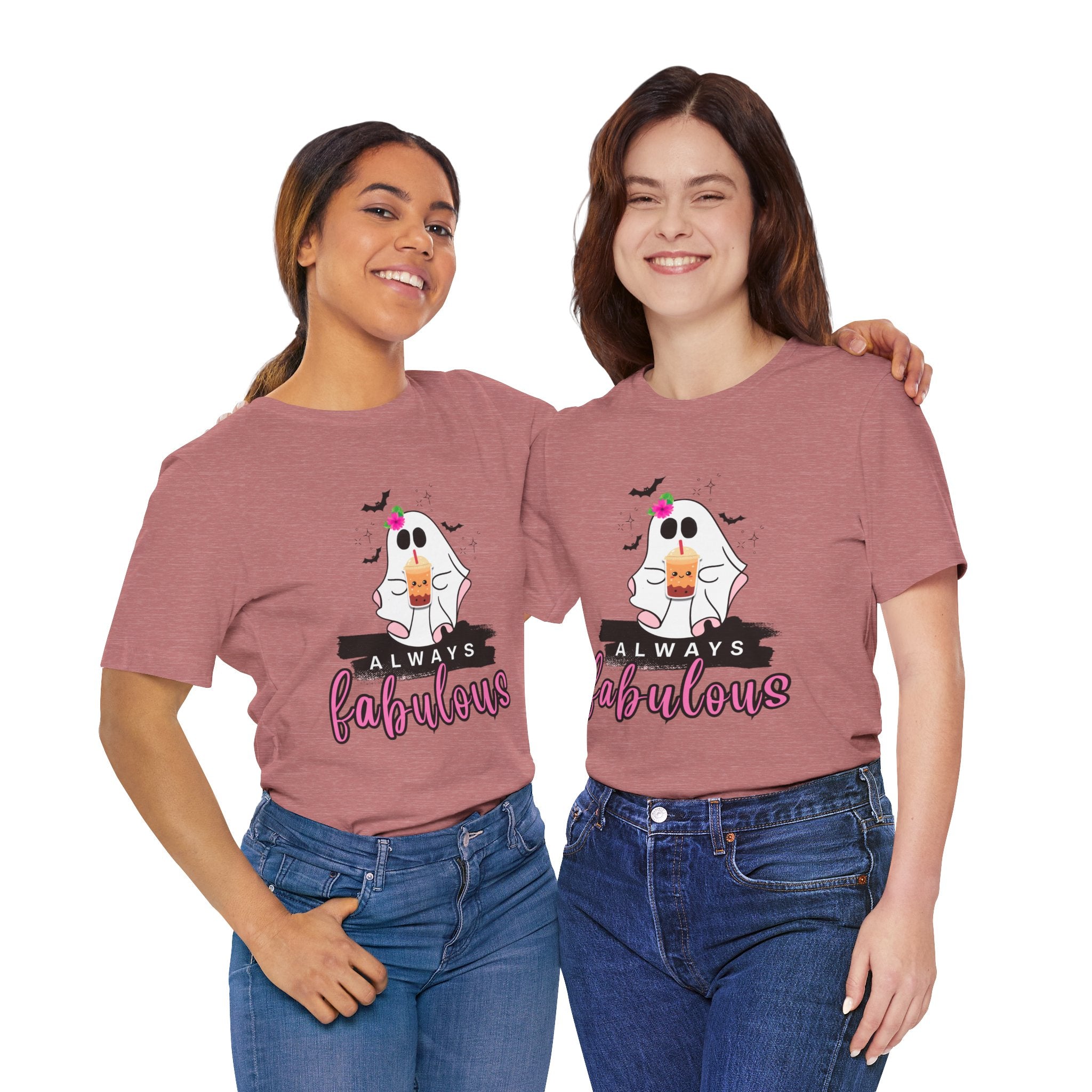 Two women wearing matching Heather Mauve t-shirts with a ghost and text design on a white background.