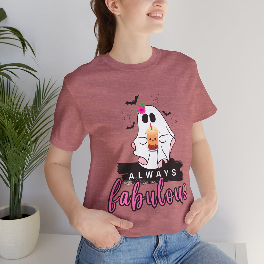 Heather Mauve t-shirt with a ghost graphic and 'Always Fabulous' text on a white background
