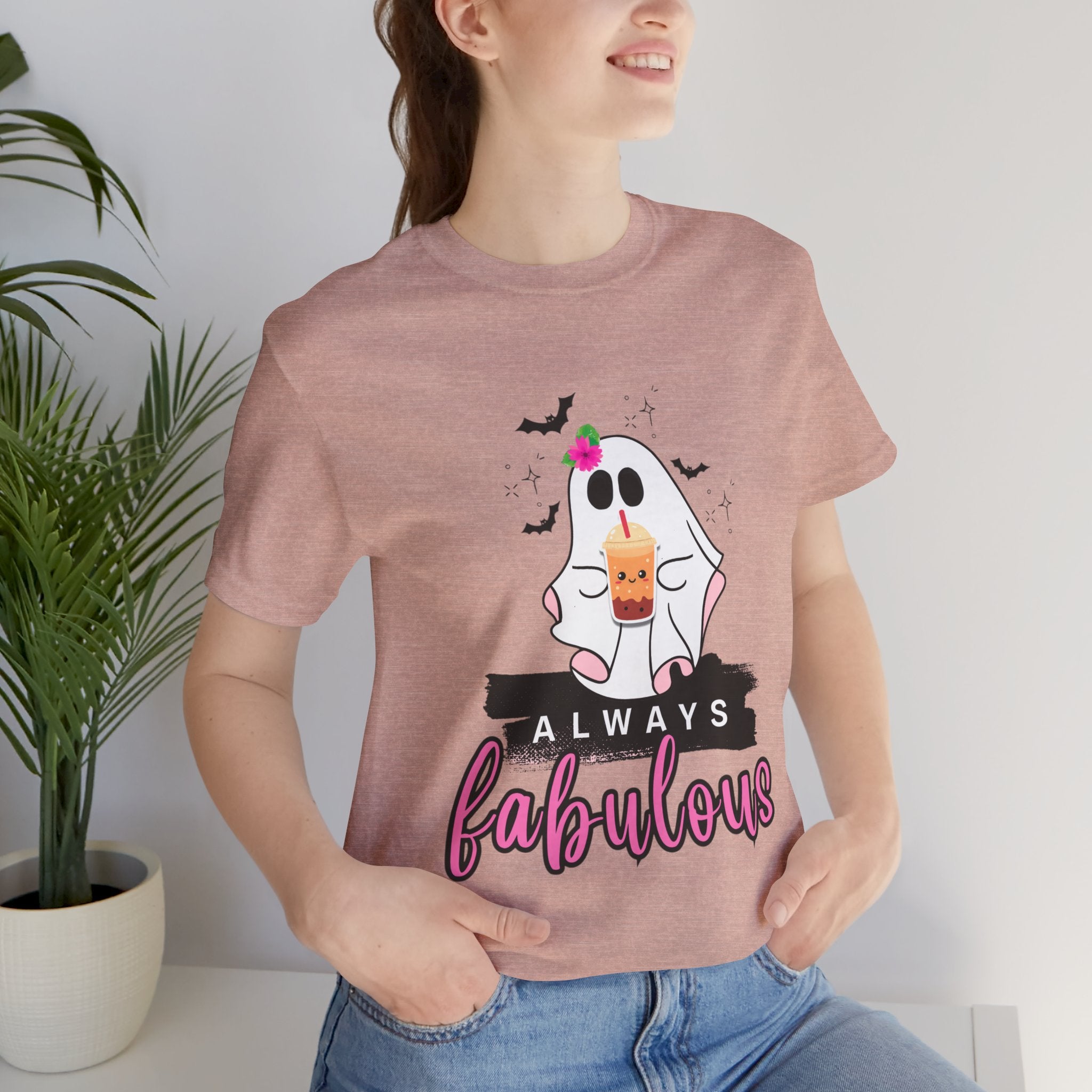Heather Prism Peach t-shirt with a ghost graphic and 'Always Fabulous' text on a white background