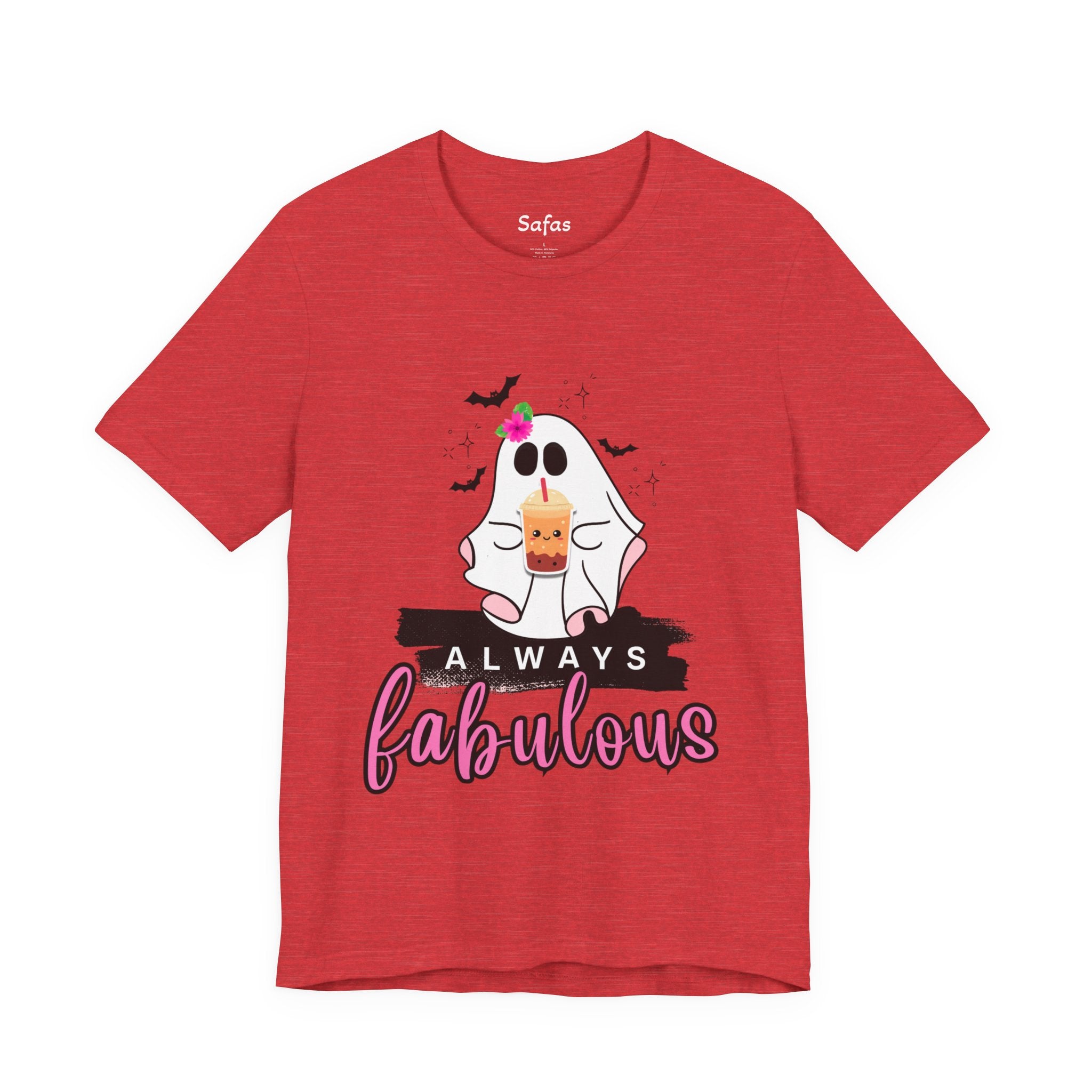 Red t-shirt with a ghost graphic and 'Always fabulous' text on a white background