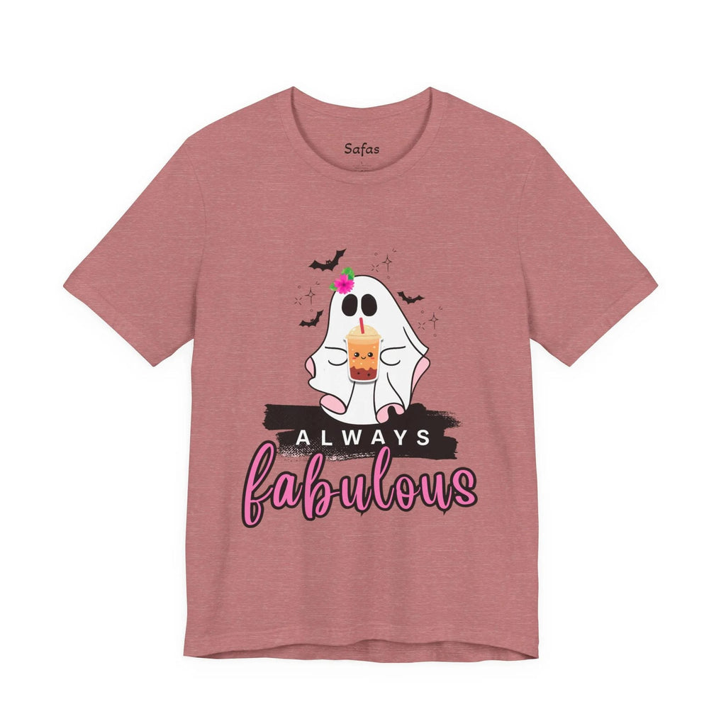 Pink t-shirt with a ghost graphic and 'Always fabulous' text on a white background