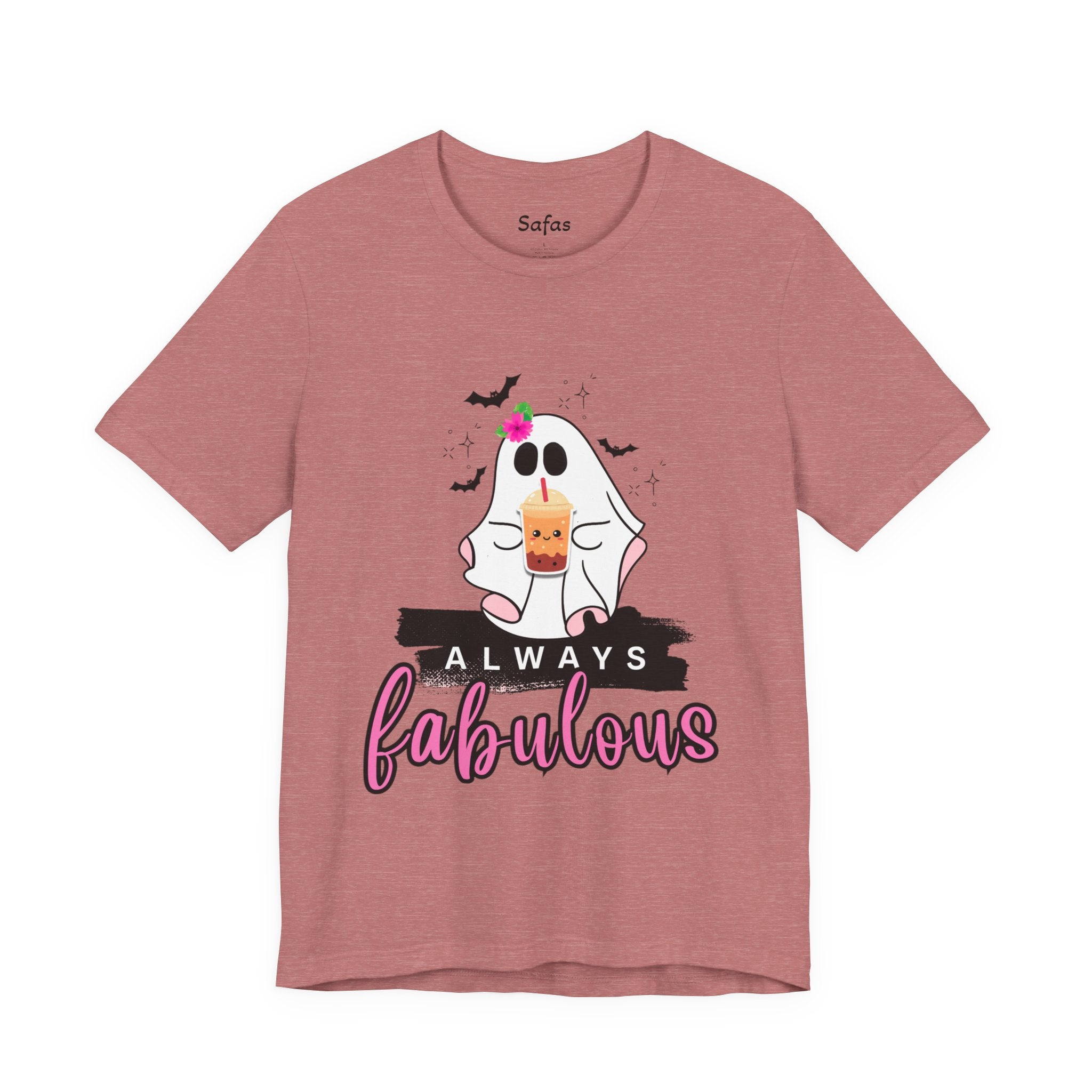 Pink t-shirt with a ghost graphic and 'Always fabulous' text on a white background