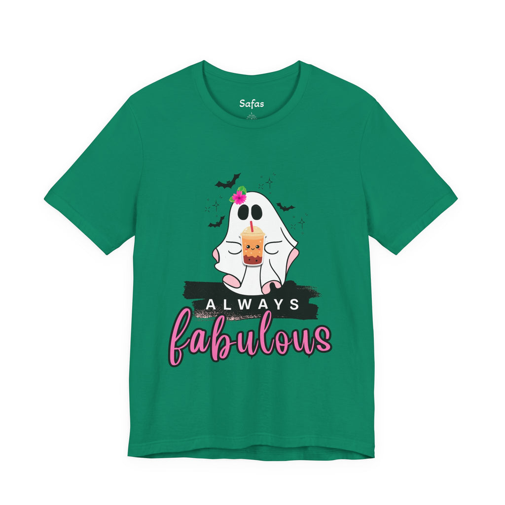 kelly t-shirt with a ghost graphic and 'Always fabulous' text on a white background