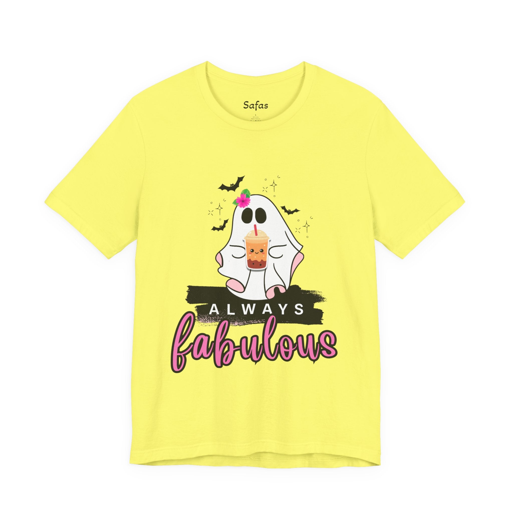 Yellow t-shirt with a ghost graphic and 'Always fabulous' text on a white background