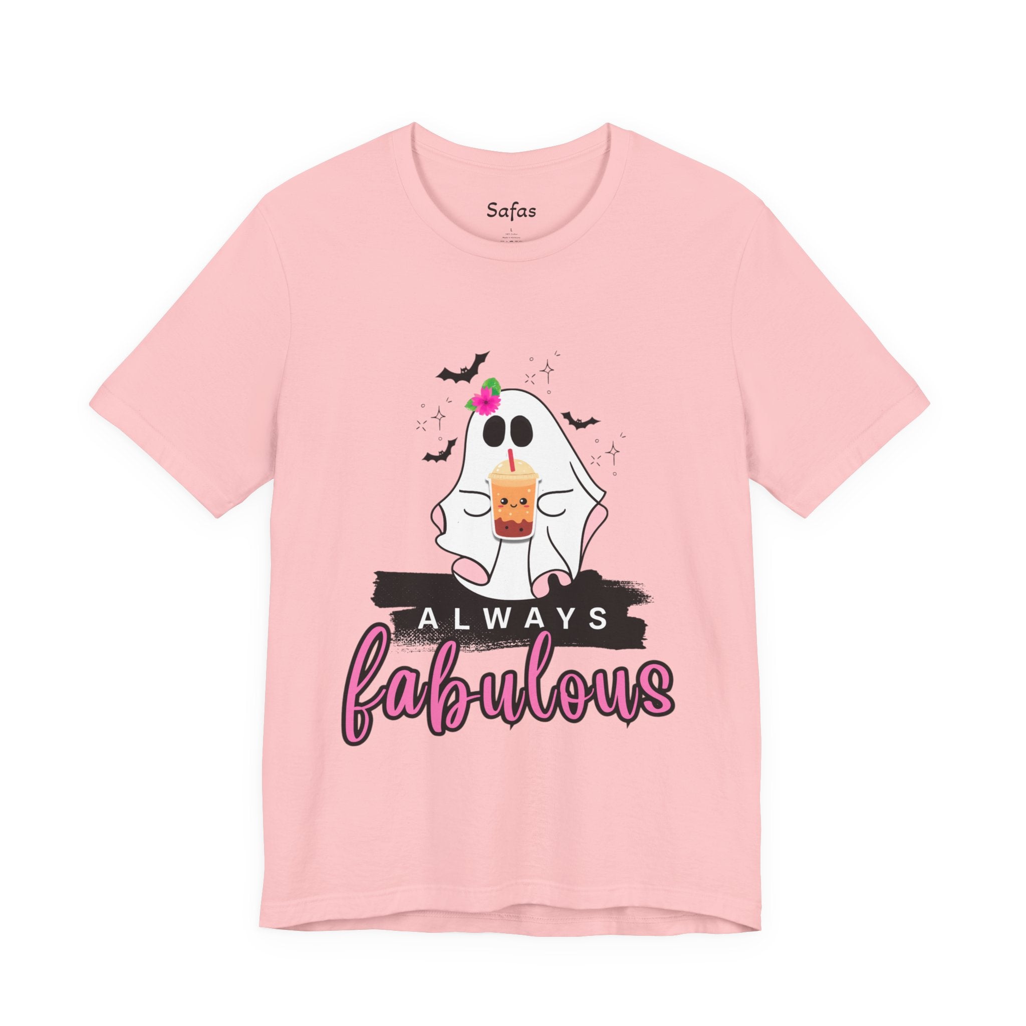 Pink t-shirt with a ghost graphic and 'Always Fabulous' text on a white background