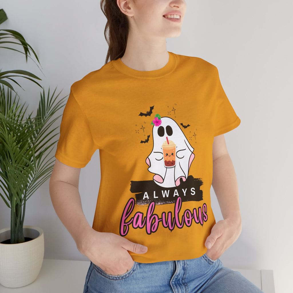 Musturd t-shirt with a ghost graphic and 'Always Fabulous' text on a white background