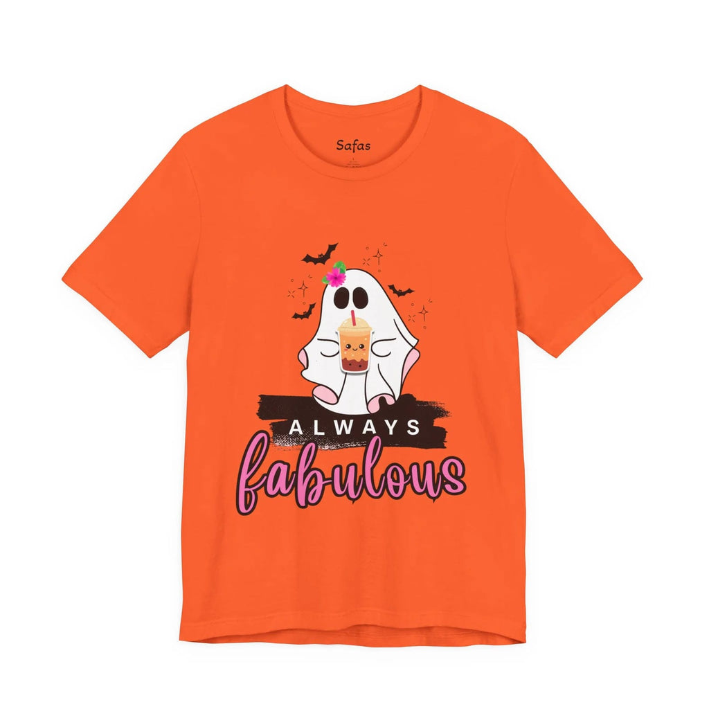 Orange t-shirt with a ghost graphic and 'Always fabulous' text on a white background