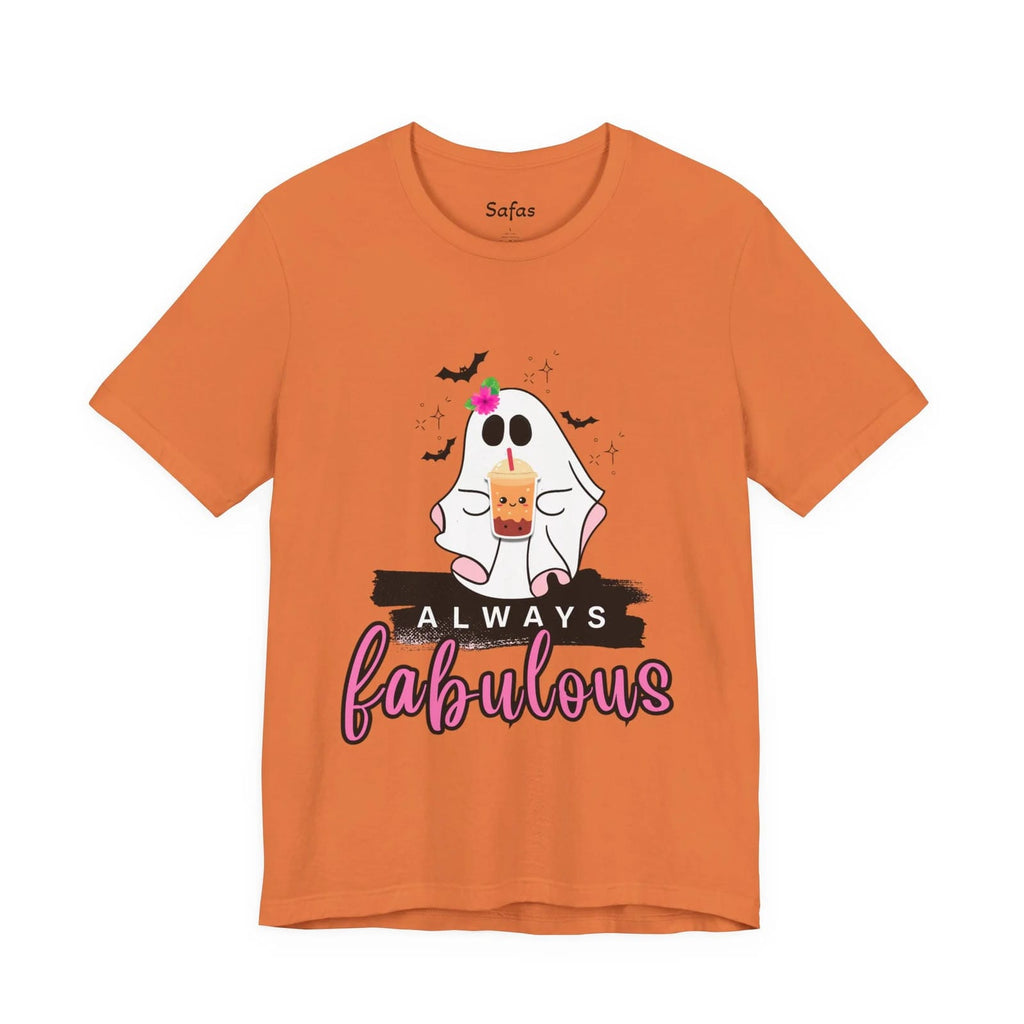Orange t-shirt with a ghost graphic and 'Always fabulous' text on a white background