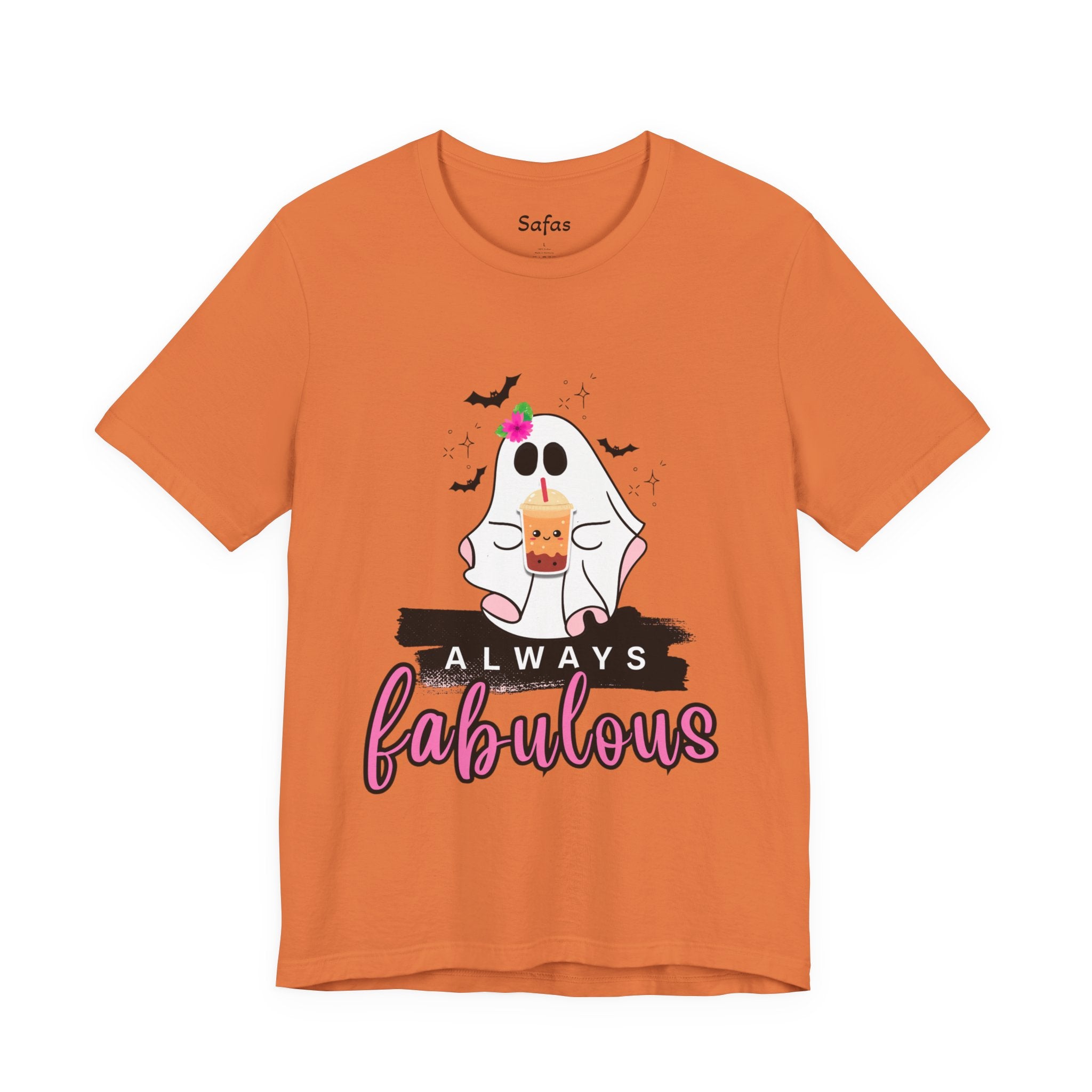 Orange t-shirt with a ghost graphic and 'Always fabulous' text on a white background