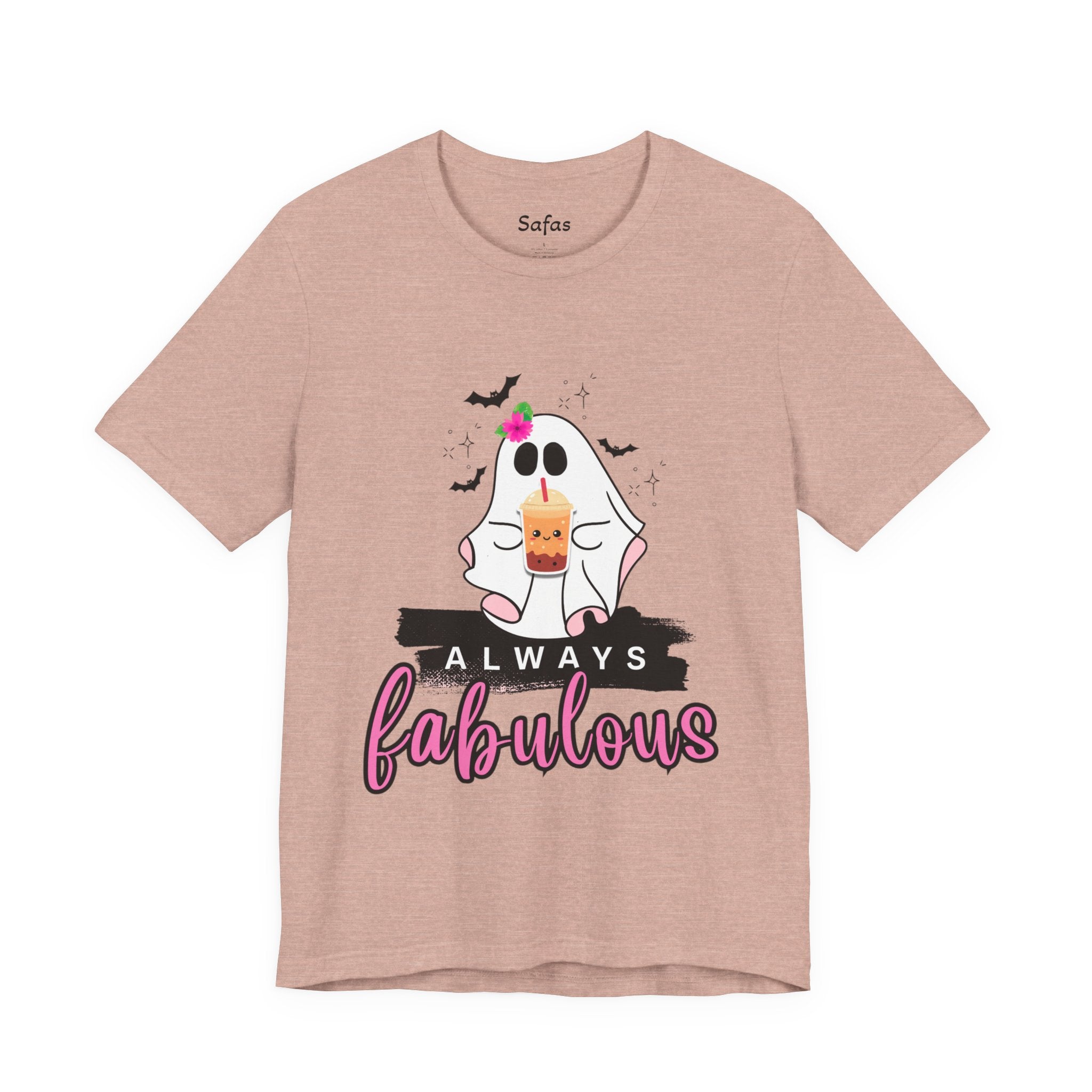 Pink t-shirt with a ghost graphic and 'Always fabulous' text on a white background
