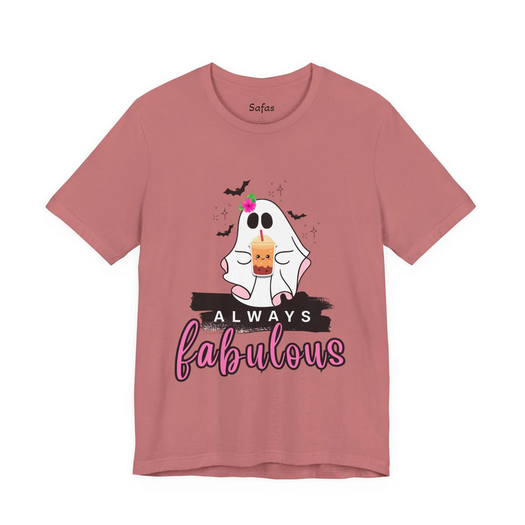 Pink t-shirt with a ghost graphic and 'Always fabulous' text on a white background