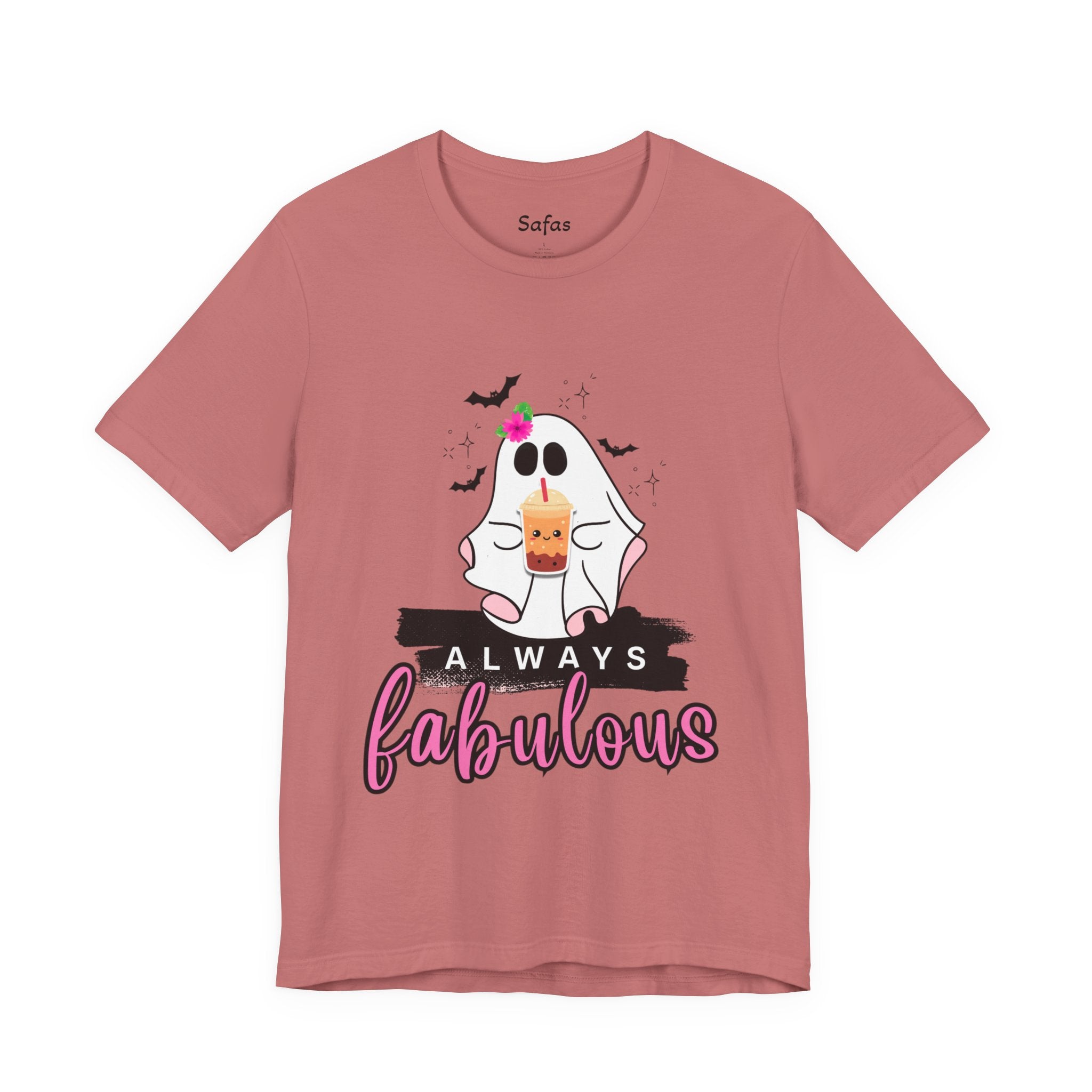Pink t-shirt with a ghost graphic and 'Always fabulous' text on a white background