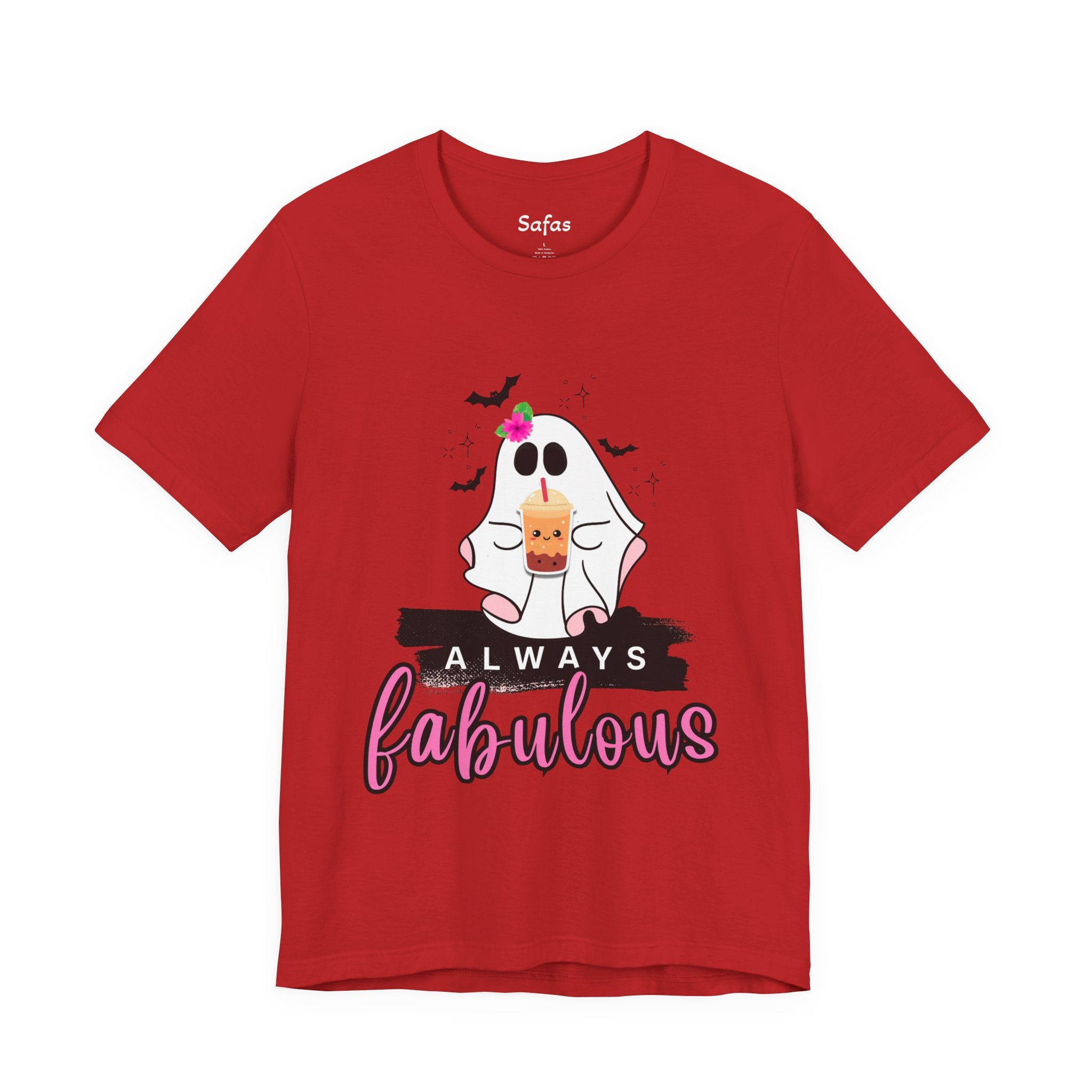 red t-shirt with a ghost graphic and 'Always Fabulous' text on a white background