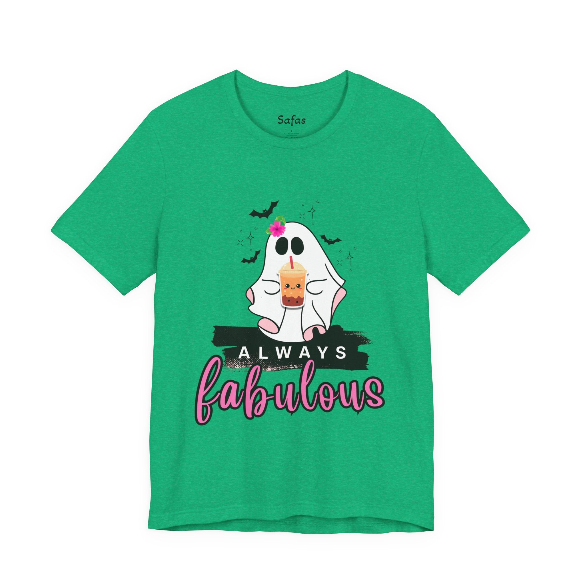 Green t-shirt with a ghost graphic and 'Always fabulous' text on a white background