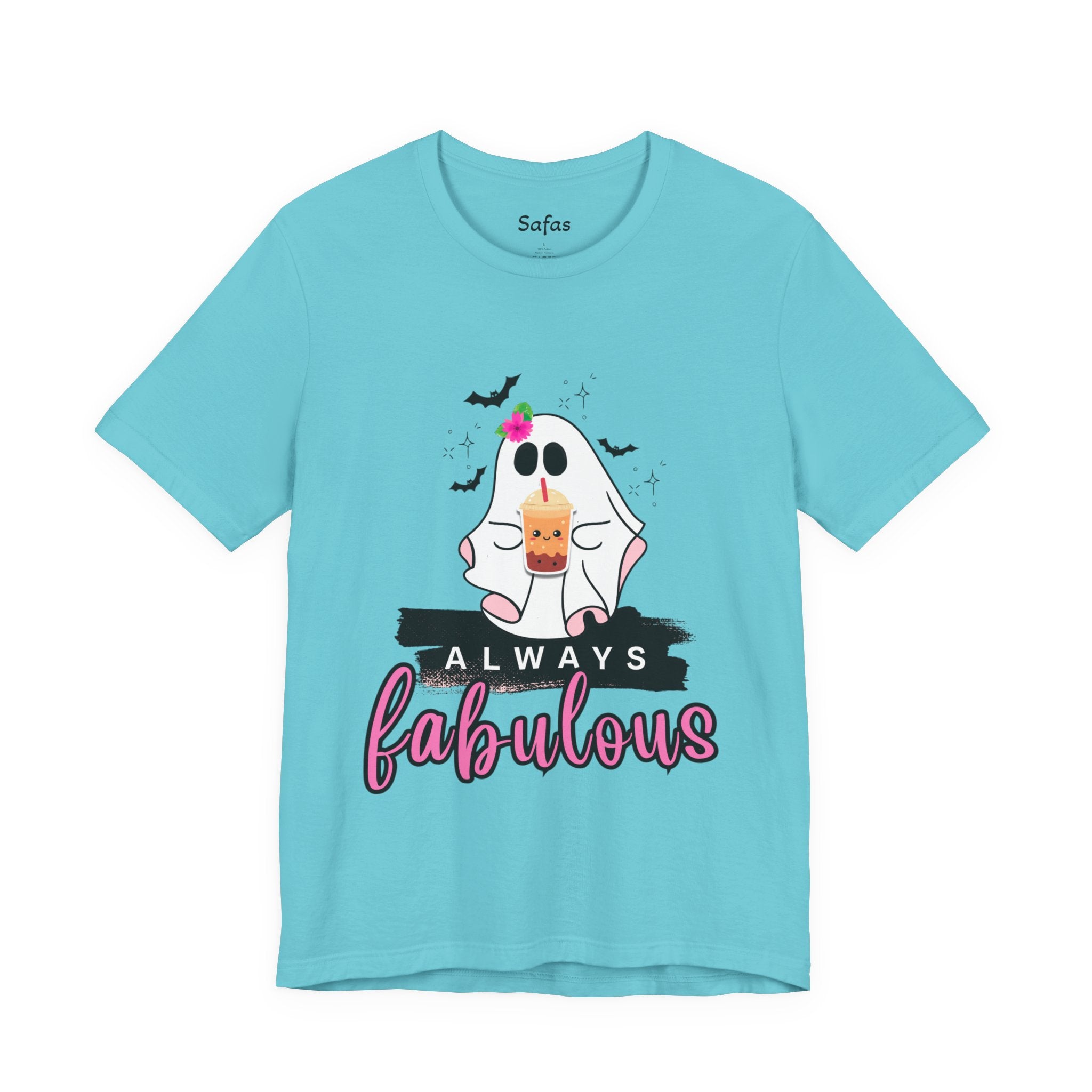 Light blue t-shirt with a ghost graphic and 'Always fabulous' text on a white background