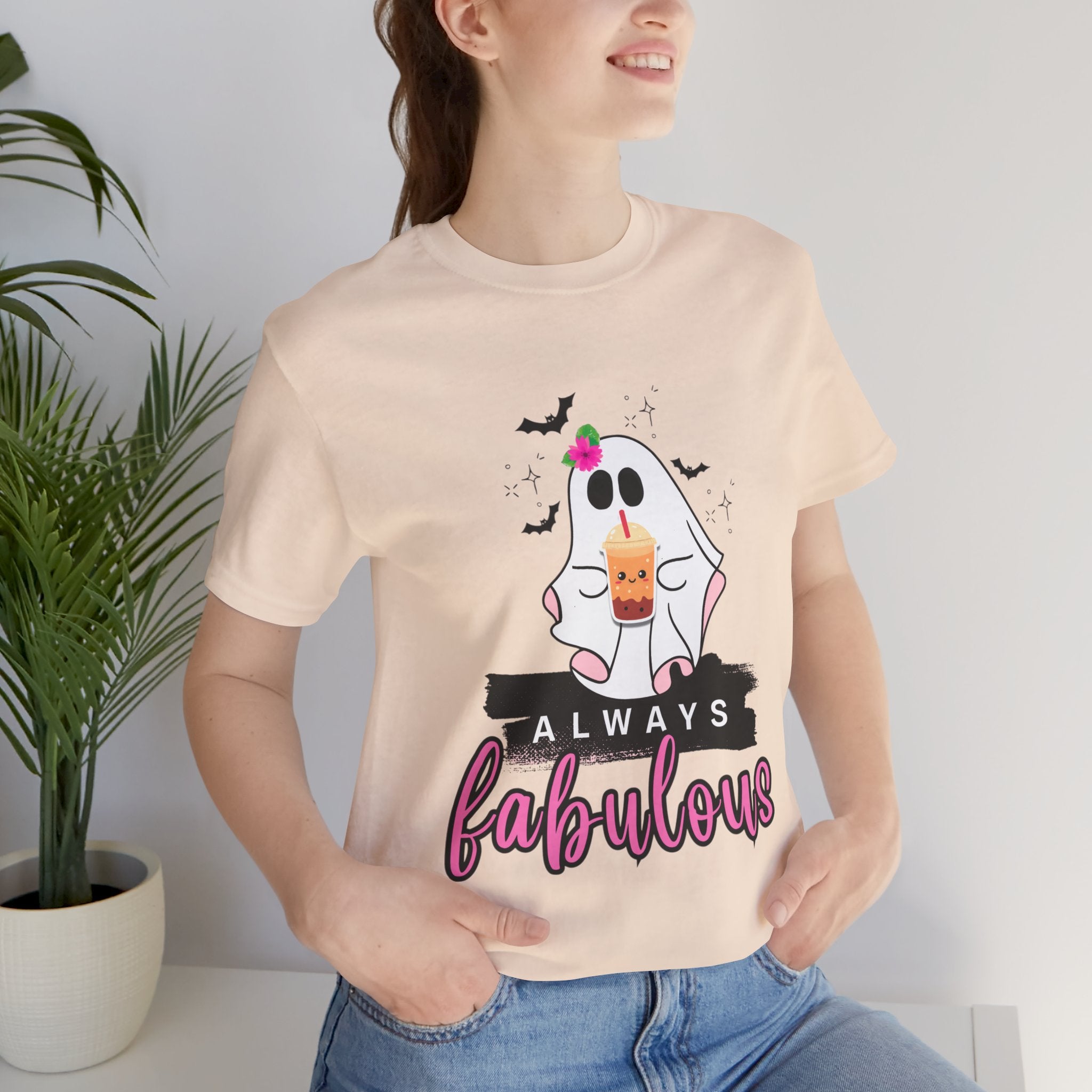 Soft Cream t-shirt with a ghost graphic and 'Always Fabulous' text on a white background