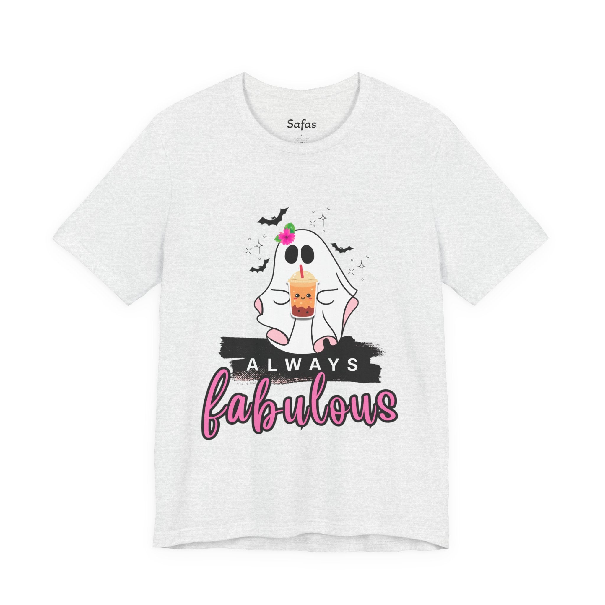 White t-shirt with a ghost graphic and 'Always Fabulous' text on a white background