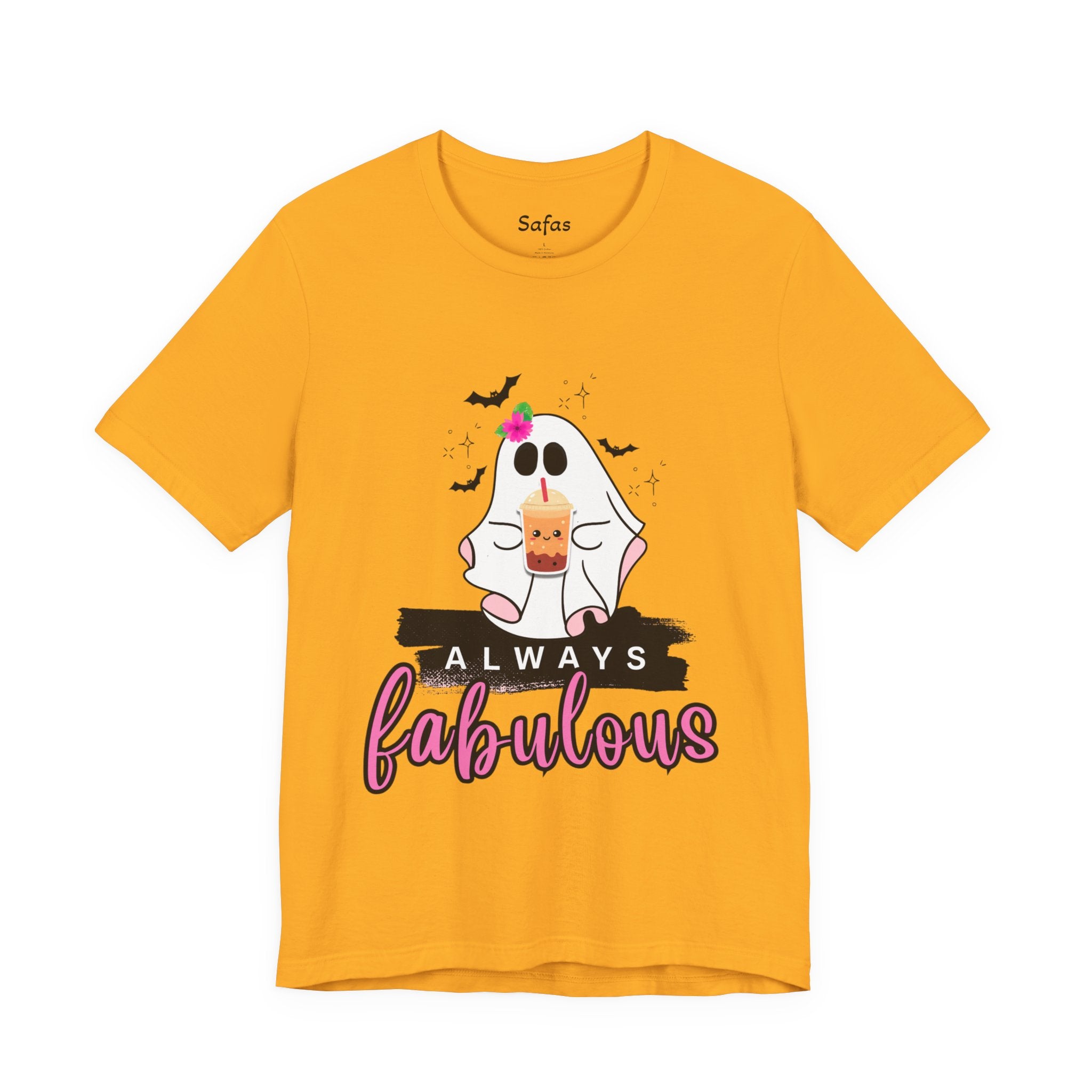 Yellow t-shirt with a ghost graphic and 'Always fabulous' text on a white background