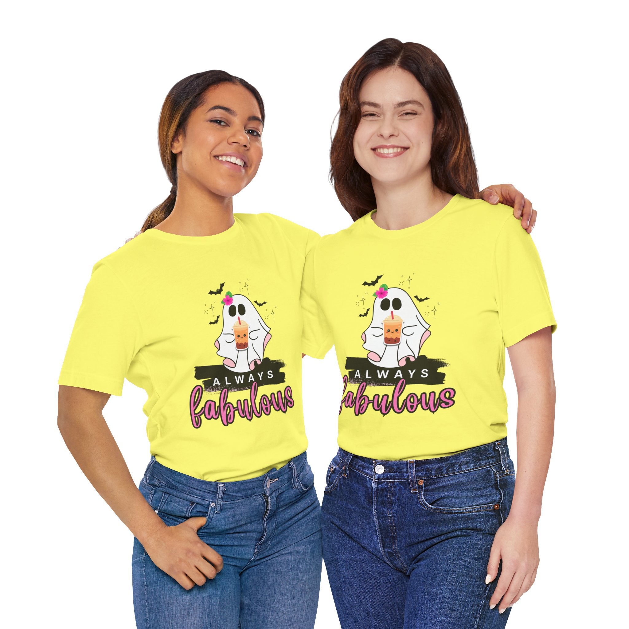 Two people wearing yellow t-shirts with a cartoon character and text on a white background