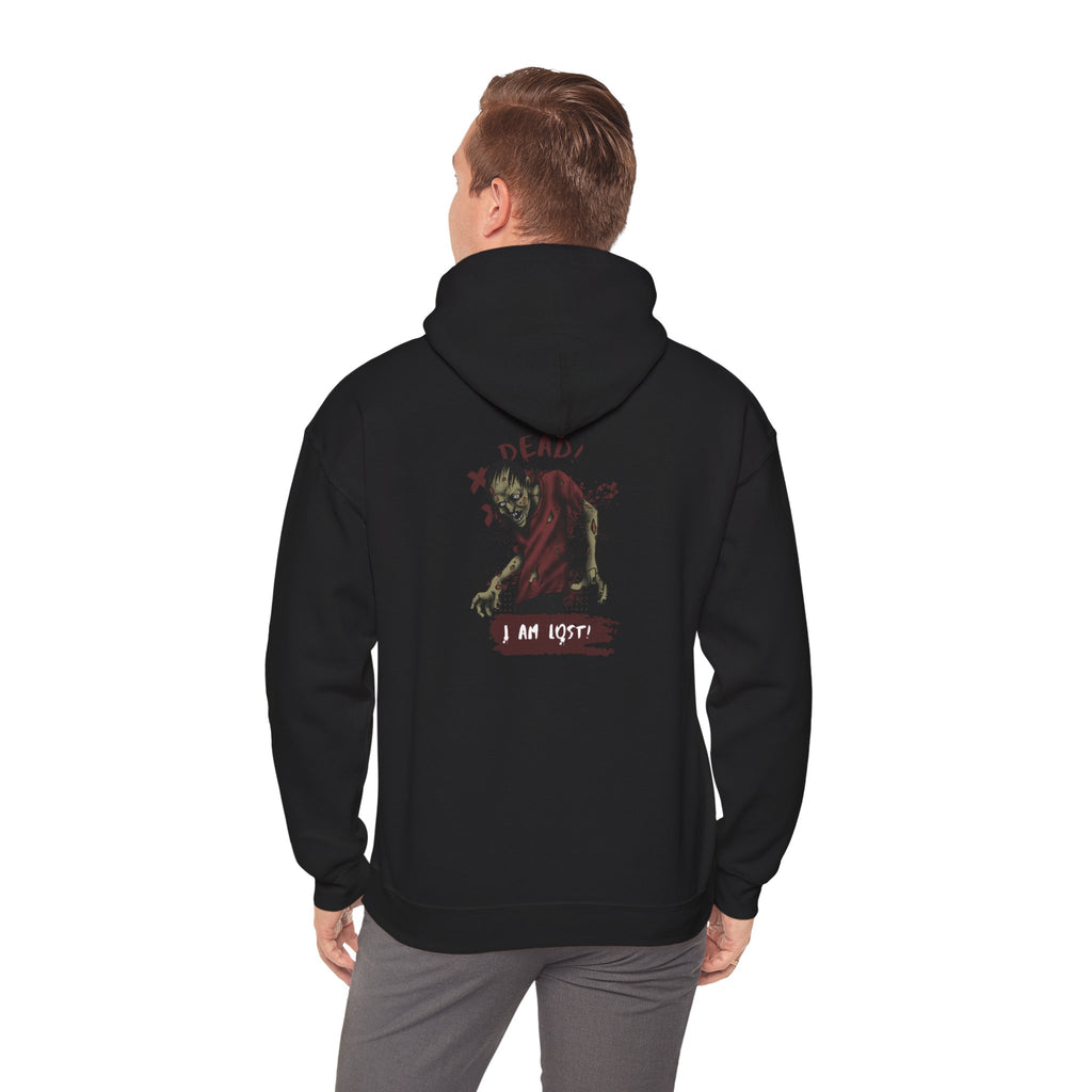 Person wearing a black hoodie with a graphic design on the back against a white background