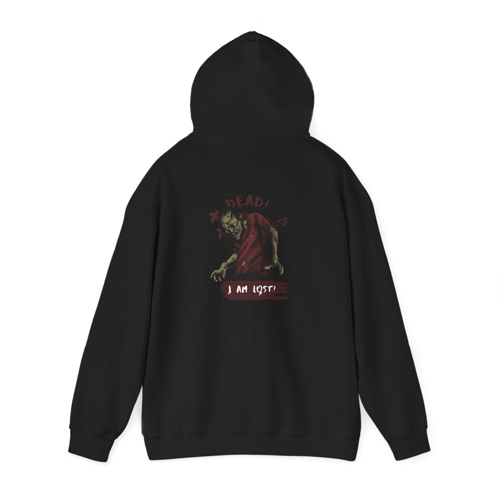Black hoodie with a graphic design on the back against a white background