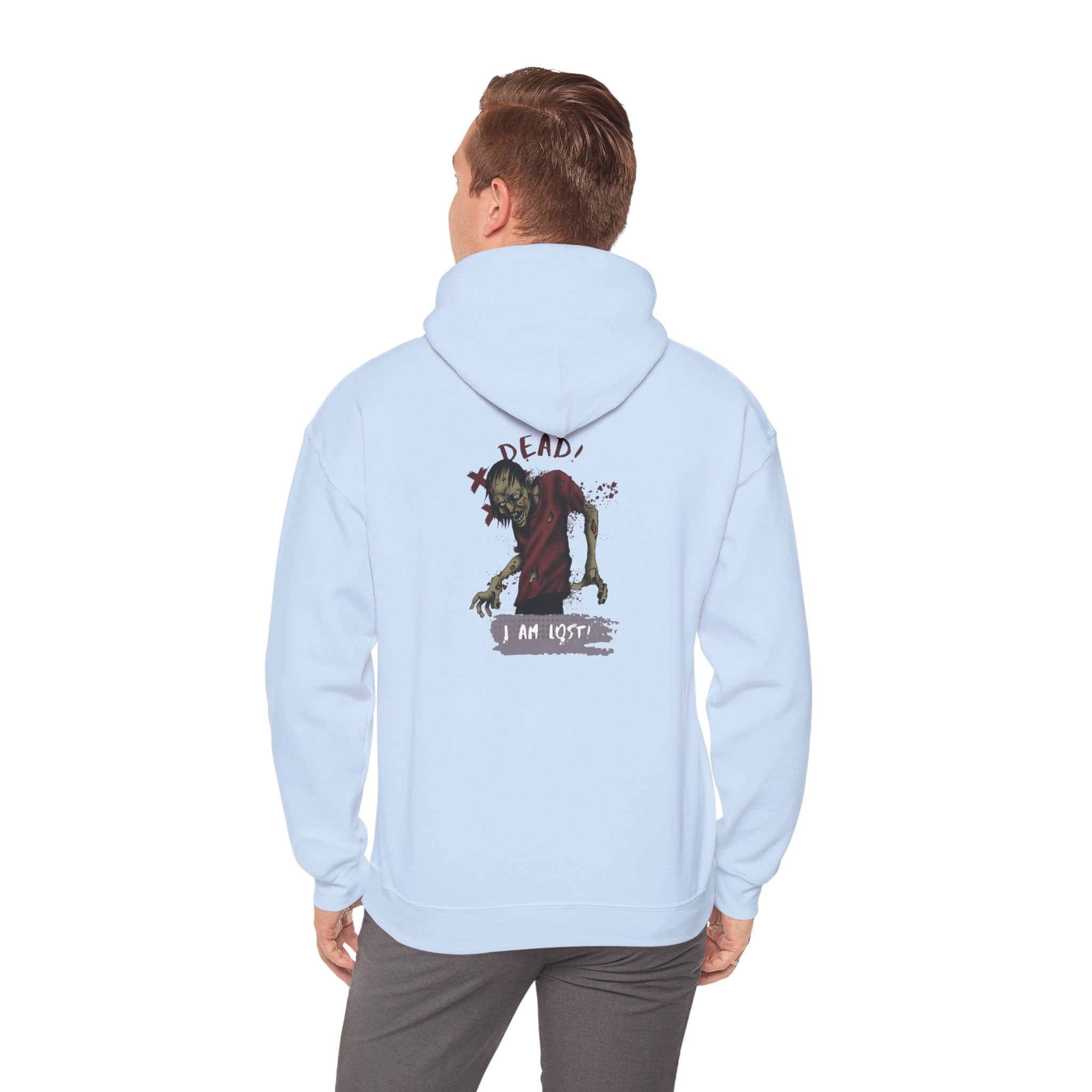 Light blue hoodie with a graphic design on the back, worn by a person.