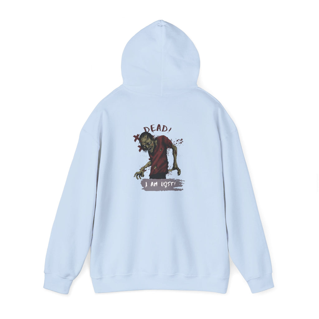 Light blue hoodie with a graphic design on the back against a white background