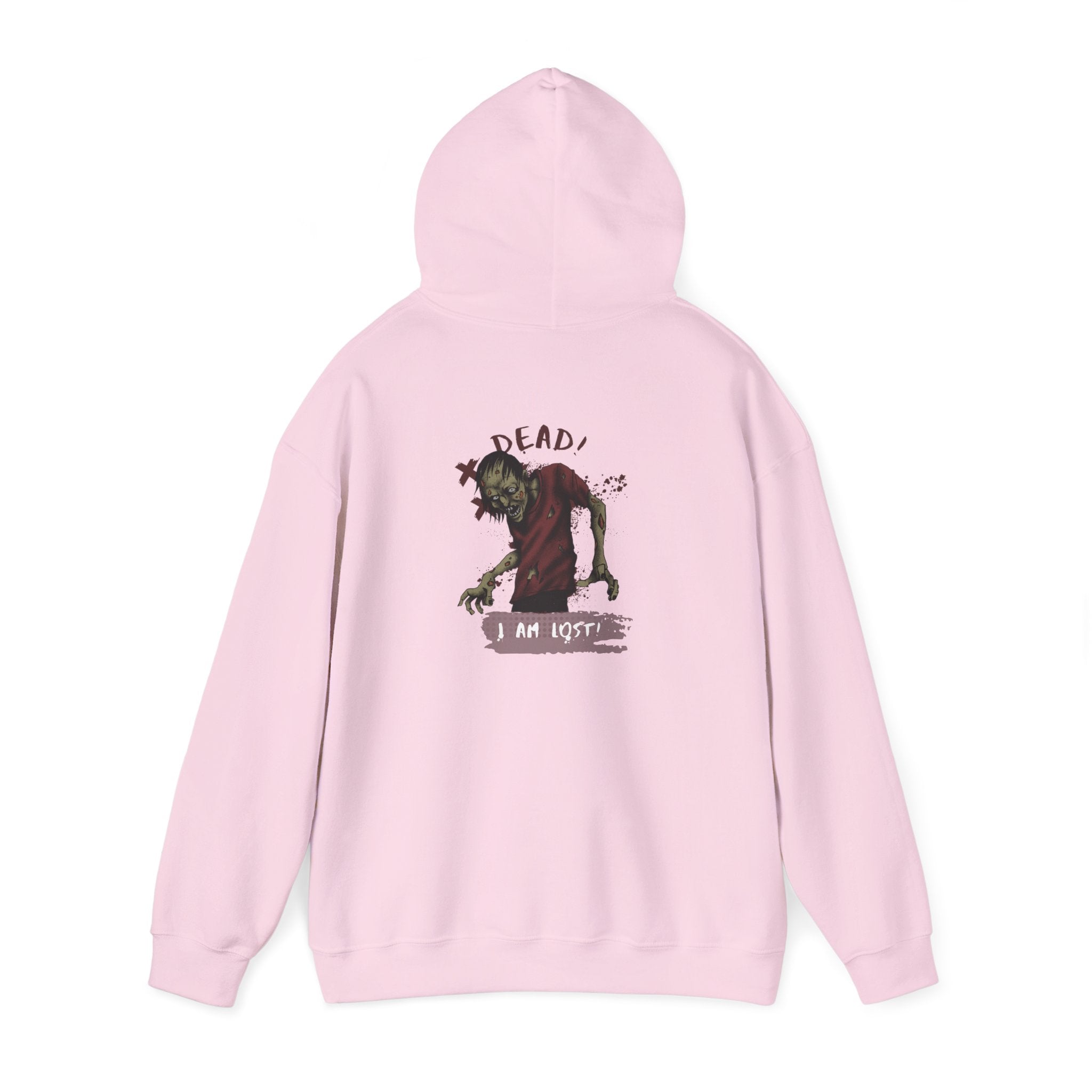 Light Pink hoodie with a graphic design on the back against a white background